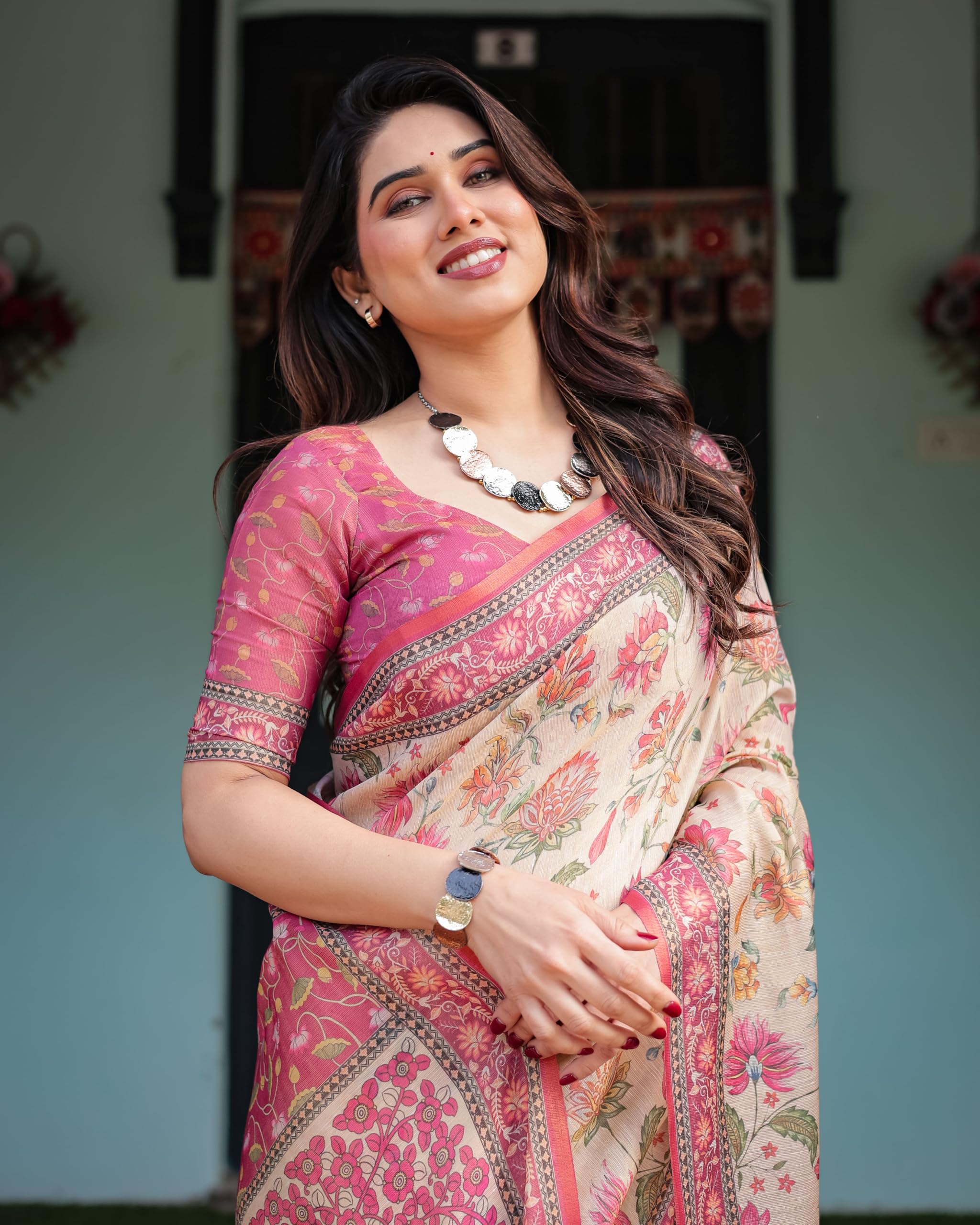 ALMAARI FASHION Traditional Cotton Silk Saree for Women with Floral Print, Pink Border, Tassels and Blouse Piece, Designer Saree, 5.5 Metres Off-White - Image 8
