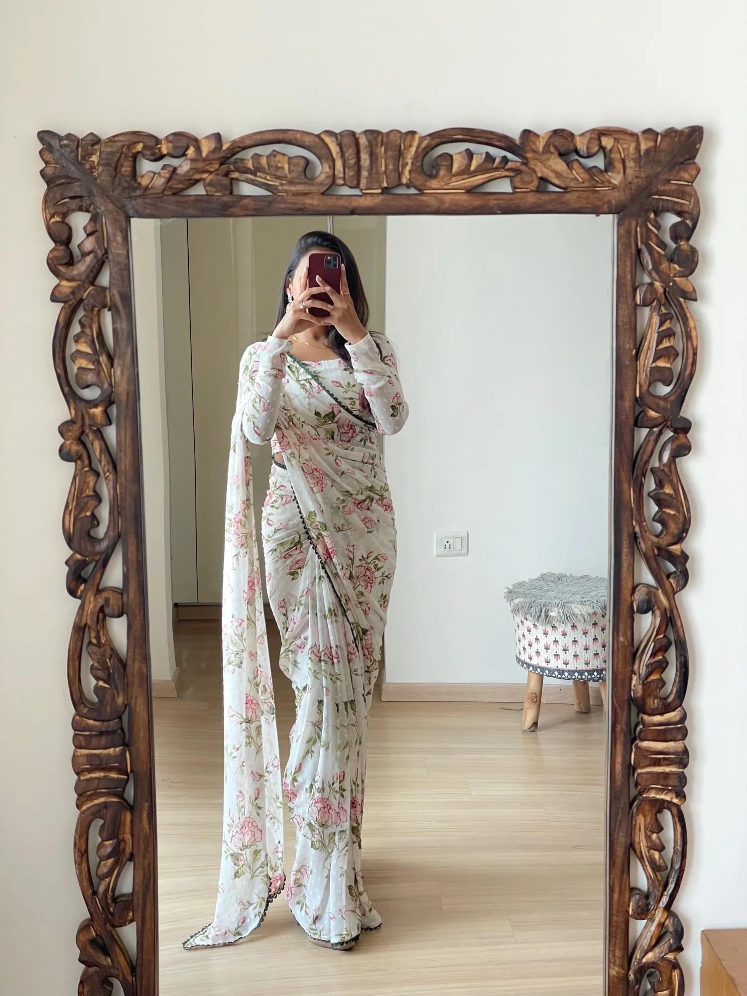 Sidhidata Women's Georgette Printed Ready To Wear one Minute Saree With Unstitched Blouse Piece (1000 Butty White_White_Free Size) - Image 3