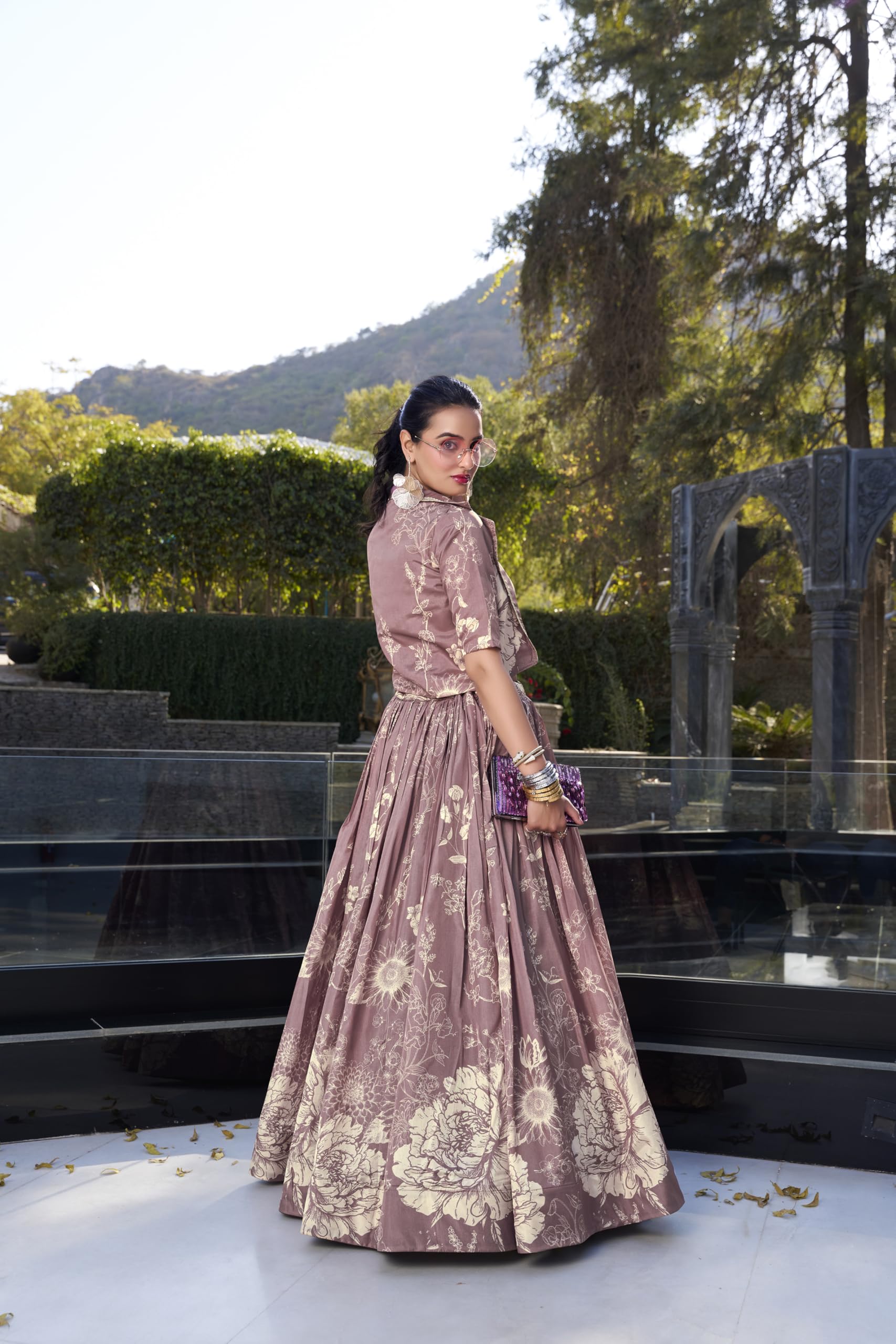 LooknBook Women's Tussar Silk Ready to Wear Stitched Lehenga Choli Set with Heavy Tassels Koti and Foil Printed Floral Pattern - Image 5