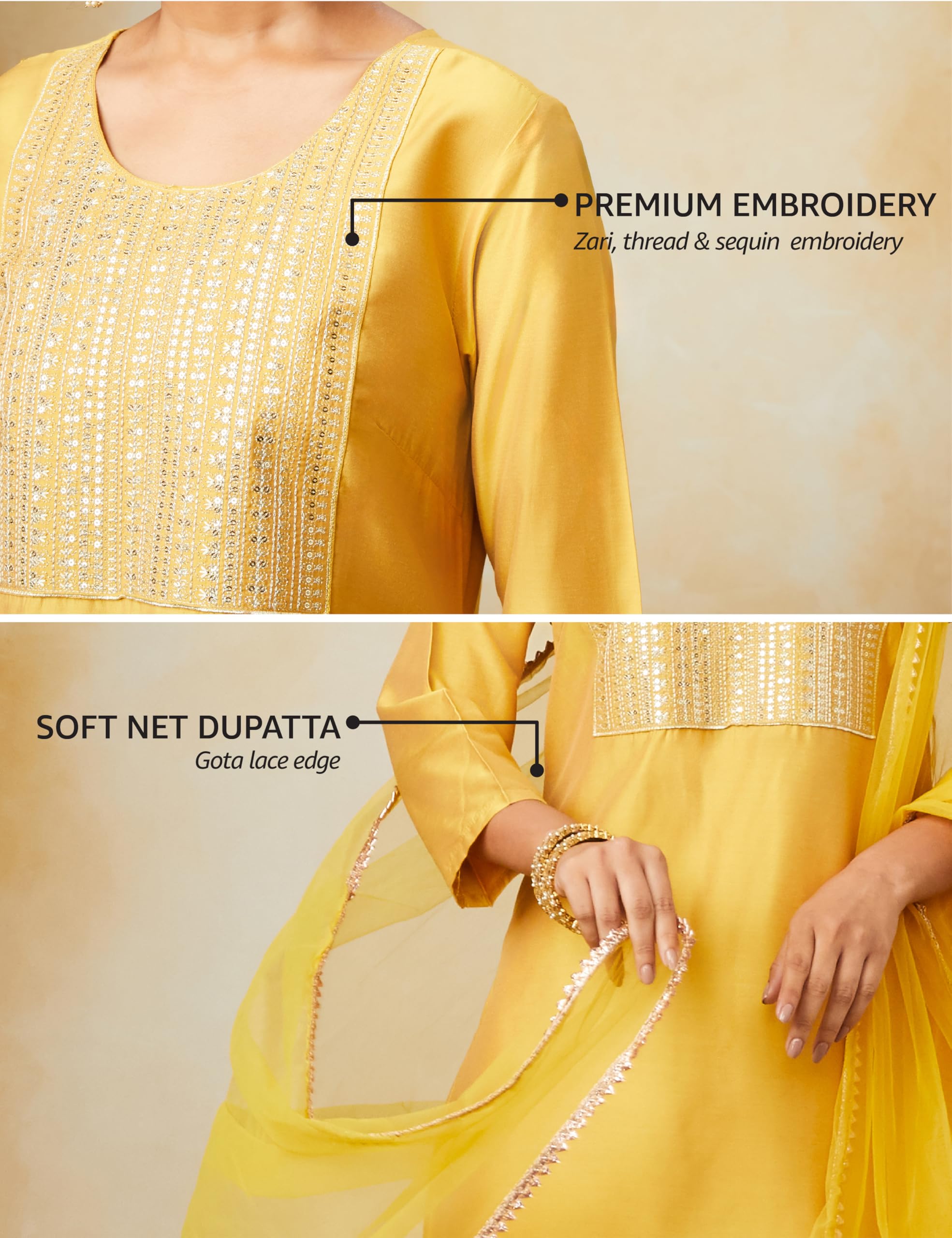 Myx Women's Embroidered Kurta Pant Set with Mesh Dupatta | Viscose,Rayon (AW24-MYX-SKD-VN-02_Mustard_L) - Image 5
