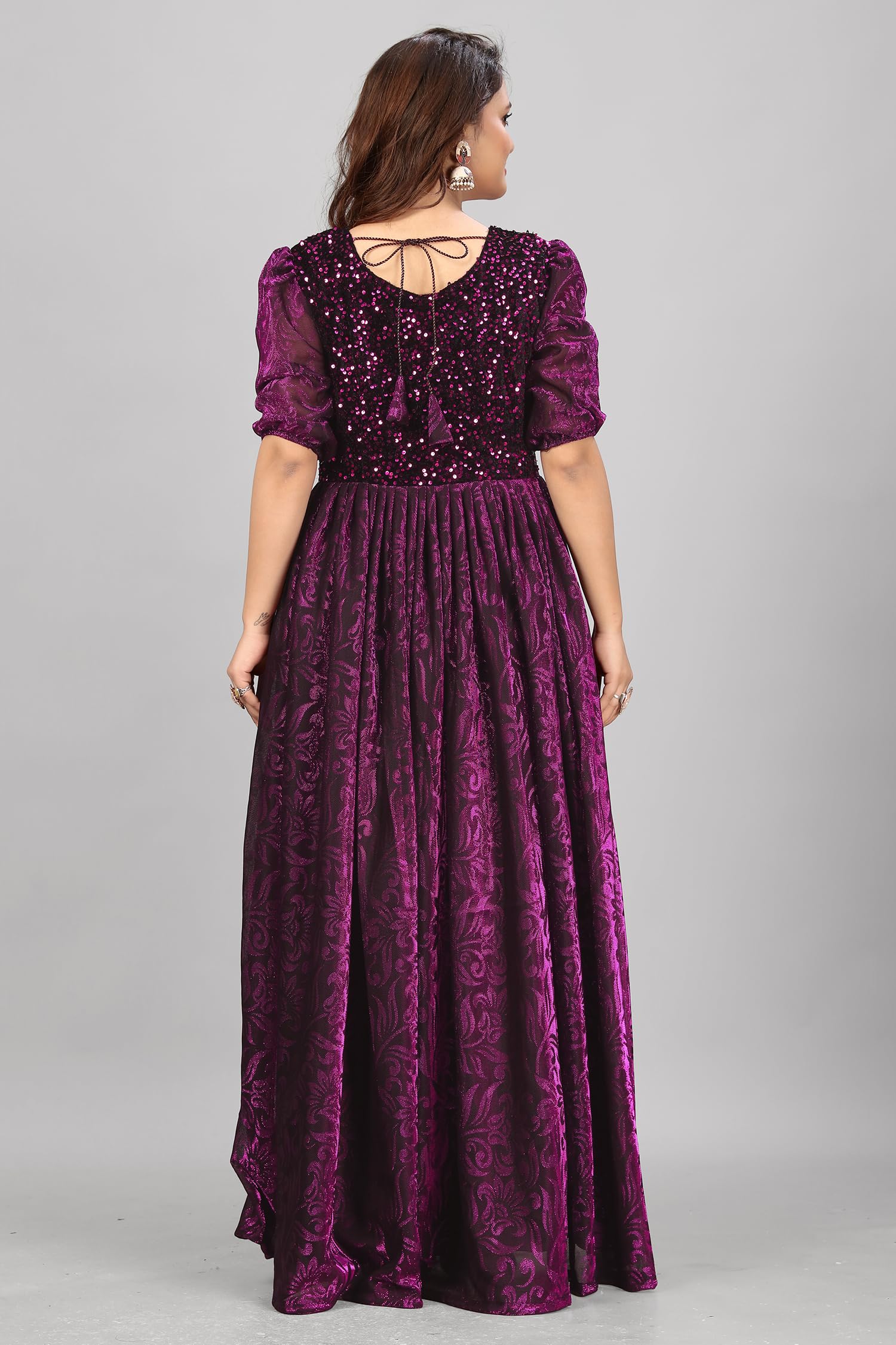 3Buddy Fashion Elegant Women's Long Gown | Anarkali Style | Flared Floor-Length Dress | Floral Emboss Print | Sequence Embroidery (1, Wine) - Image 4
