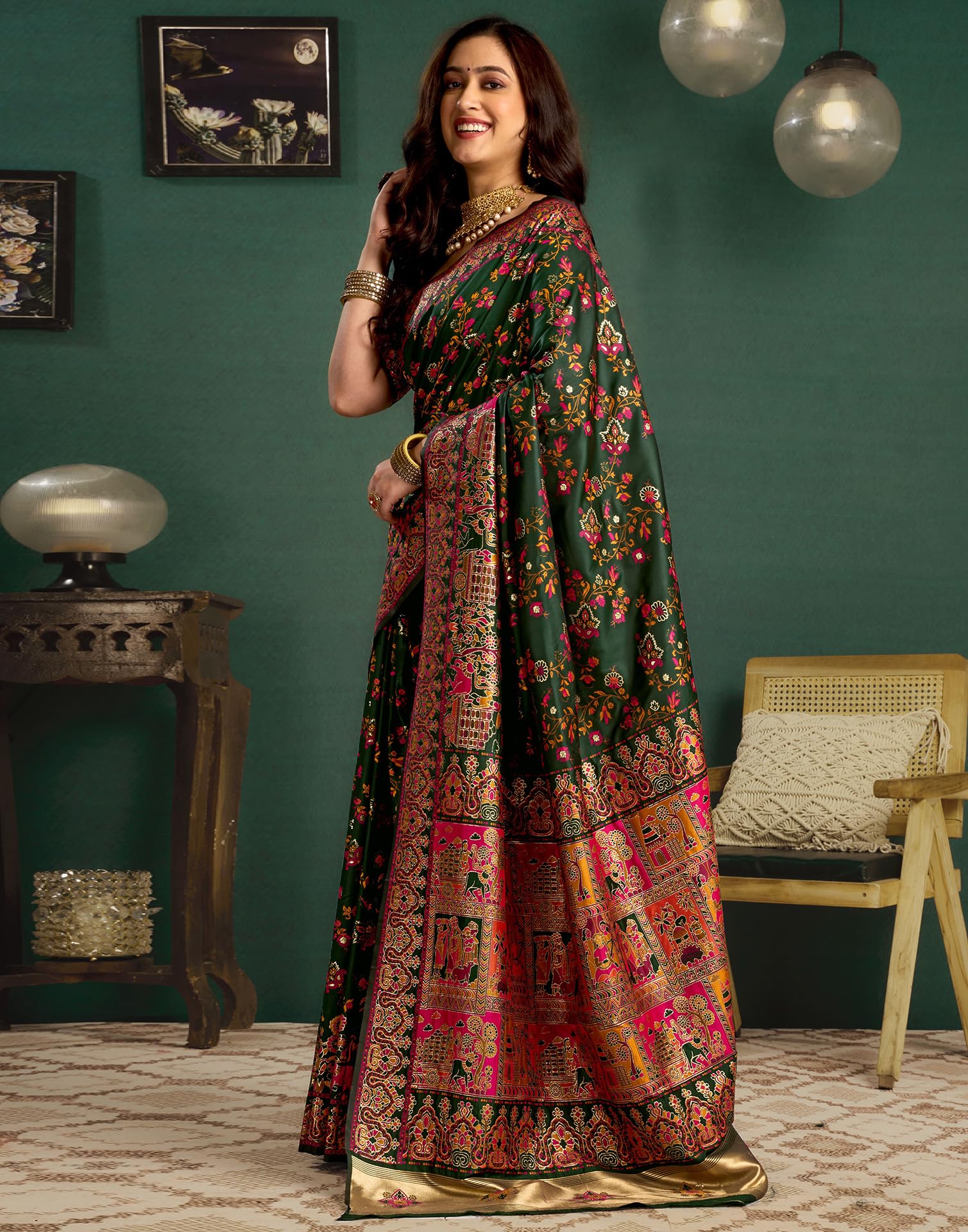 SIRIL Women's Silk Kashmiri Minakari Jacquard Saree with Unstitched blouse Piece (4314S604_Dark Green) - Image 8