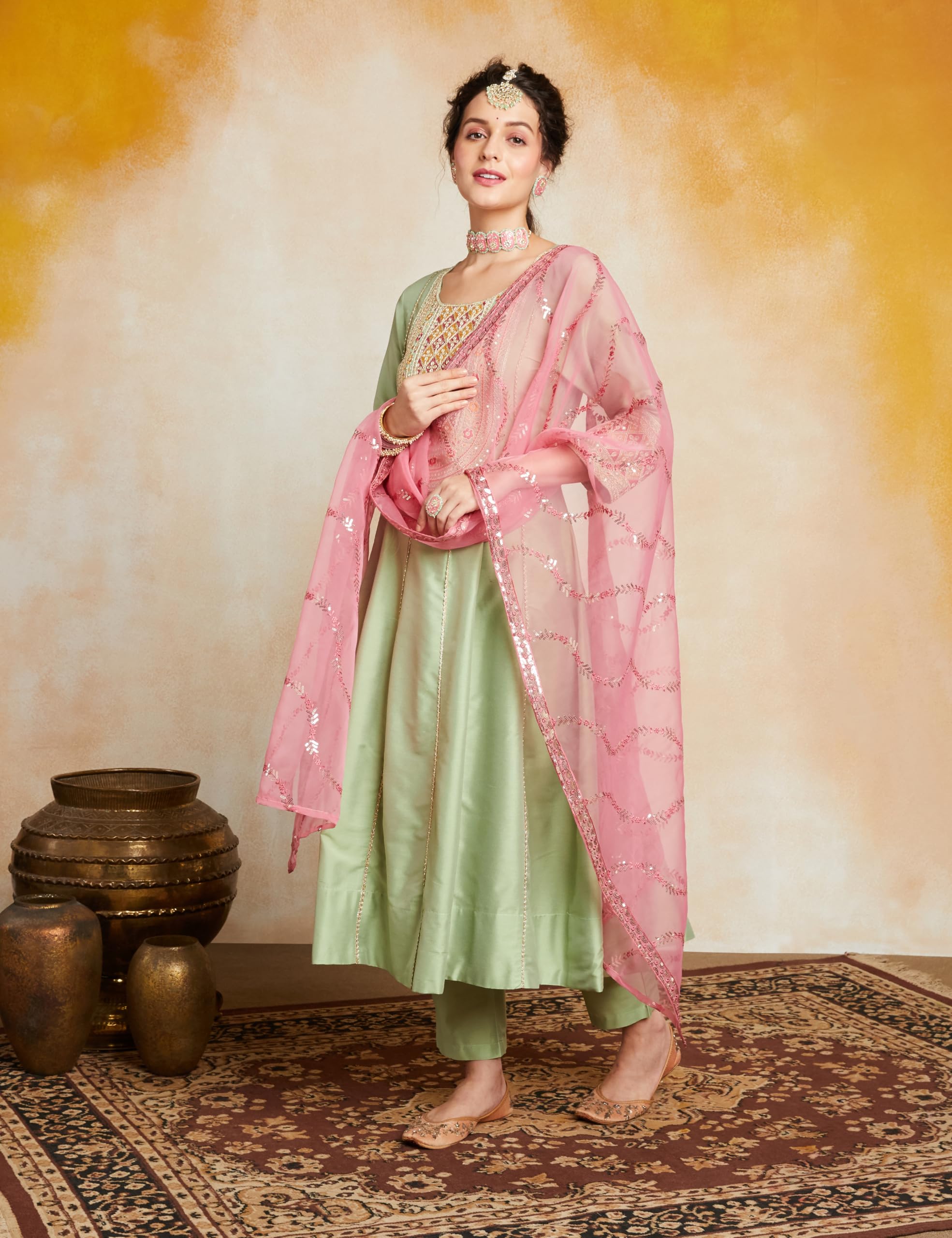 Myx Women's Embroidered Anarkali Kurta Set with Organza Dupatta (AW25-MYX-VEN-KS-13_Light Green_L) - Image 3