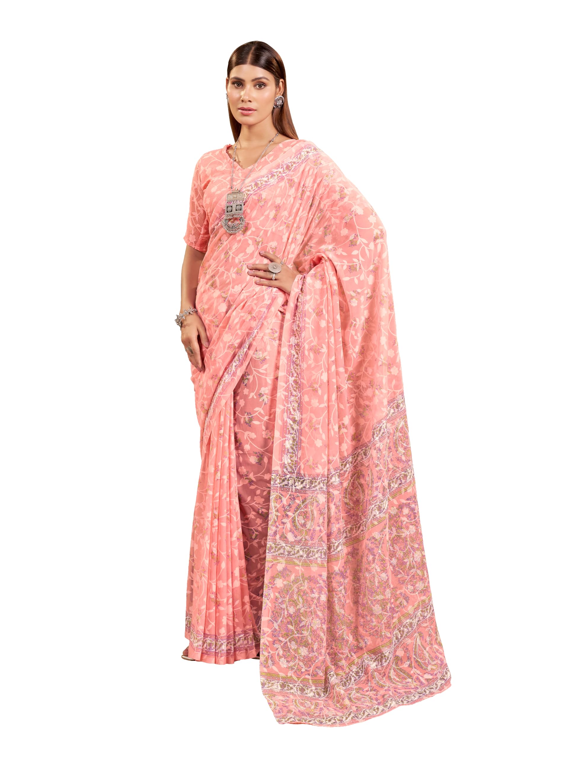Garden Vareli Women Brasso Floral Print Saree With Unstitched Blouse Piece 62408 - Peach