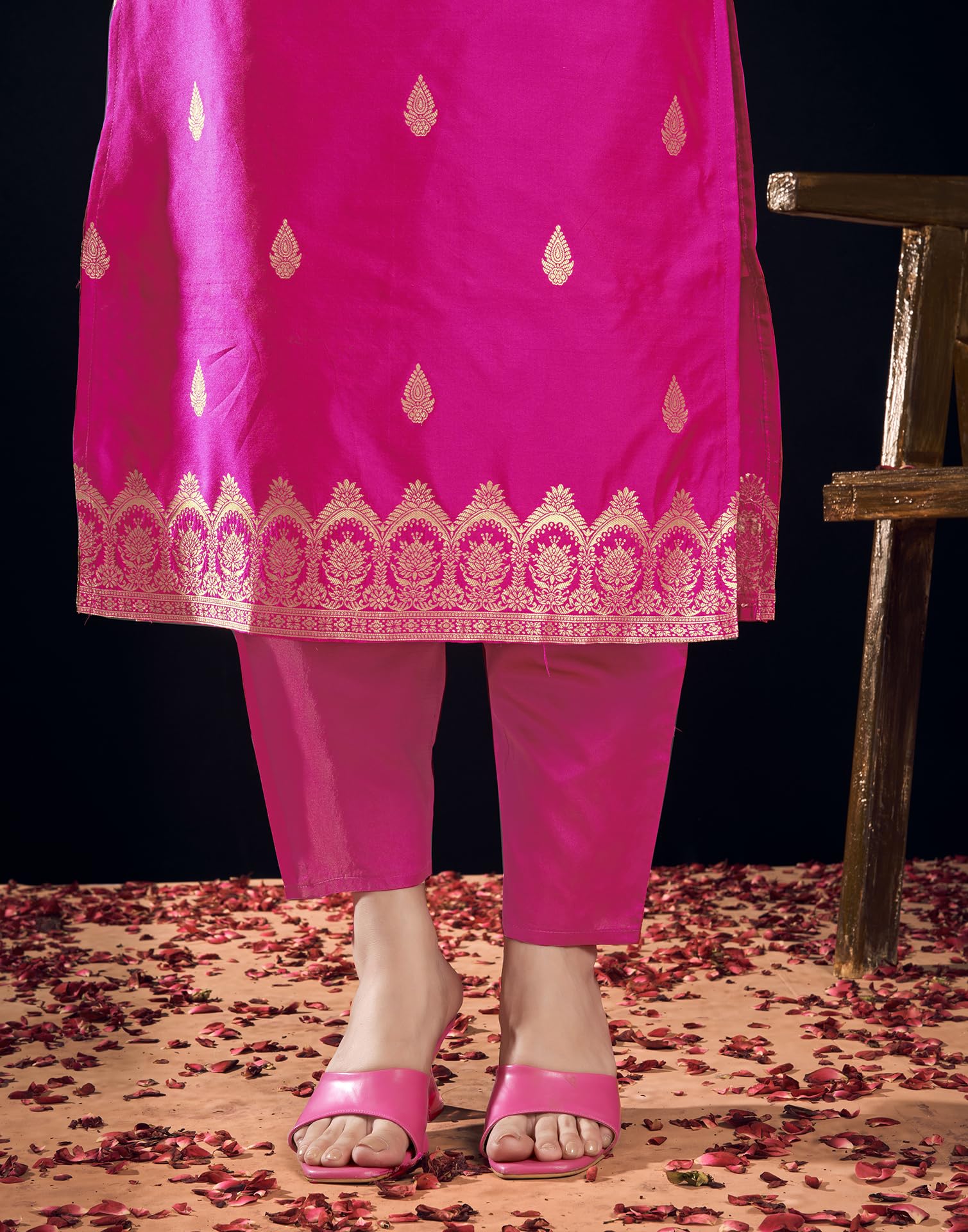 SIRIL Women's Rayon Viscose Banarasi Jacquard Zari Woven Straight Kurta Pant with Dupatta Set (217KBD2301-XL_Rani Pink) - Image 3