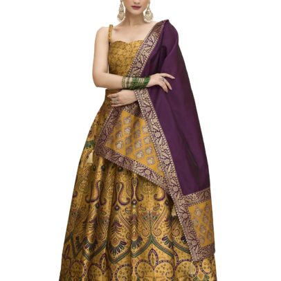 PURVAJA Women's Kanjiwaram Semi-Stitched Lehenga choli (Lazya-Yellow_Free Size)