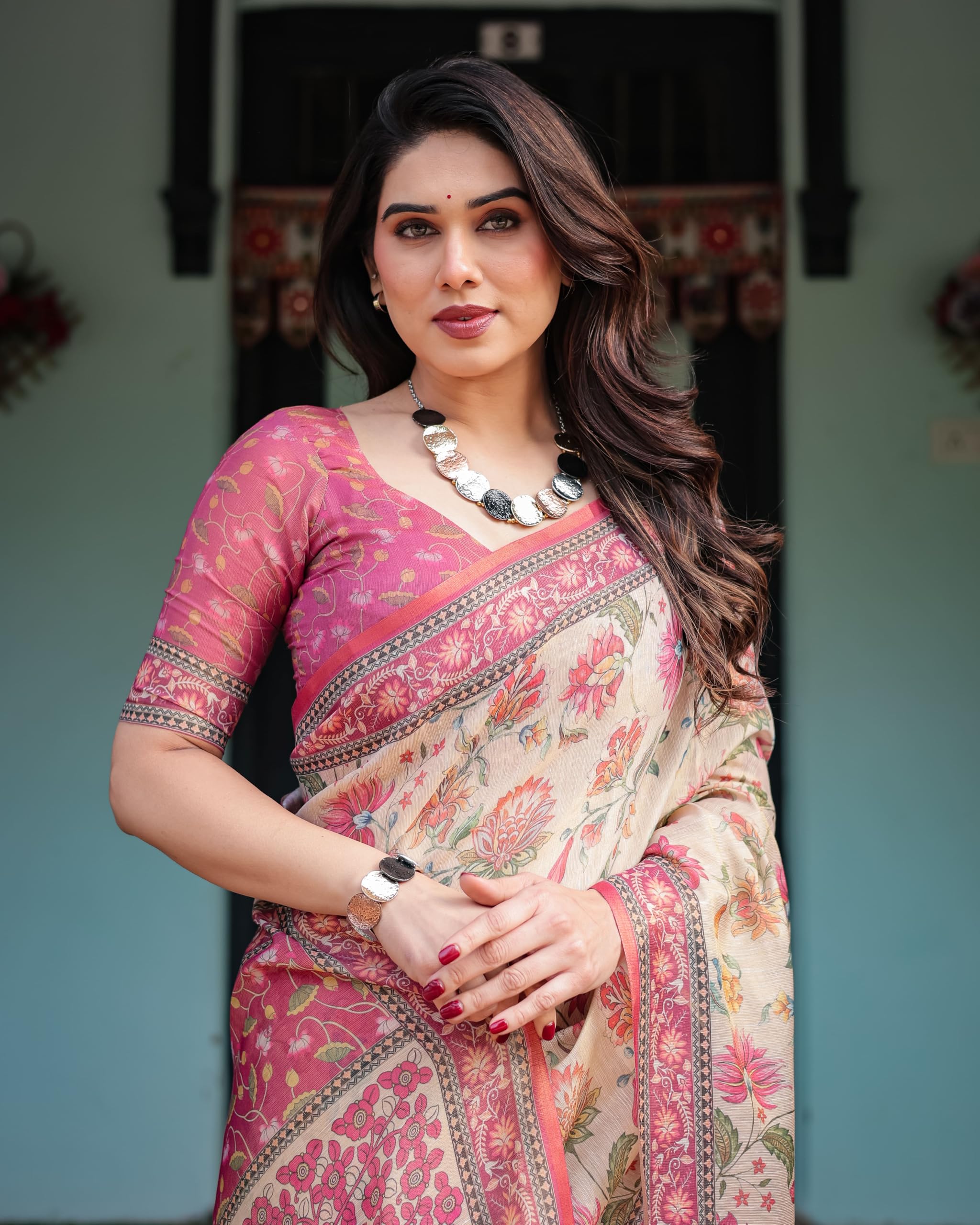 ALMAARI FASHION Traditional Cotton Silk Saree for Women with Floral Print, Pink Border, Tassels and Blouse Piece, Designer Saree, 5.5 Metres Off-White - Image 6