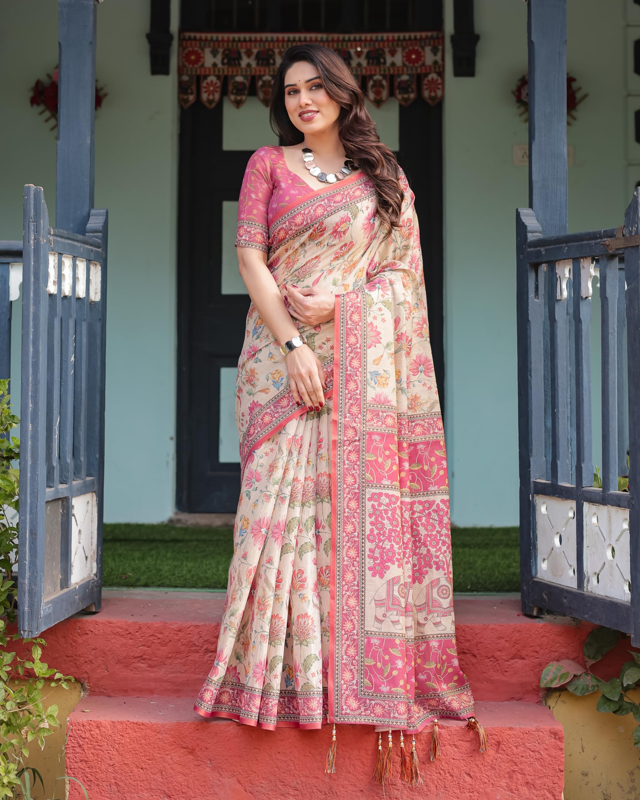 ALMAARI FASHION Traditional Cotton Silk Saree for Women with Floral Print, Pink Border, Tassels and Blouse Piece, Designer Saree, 5.5 Metres Off-White - Image 5