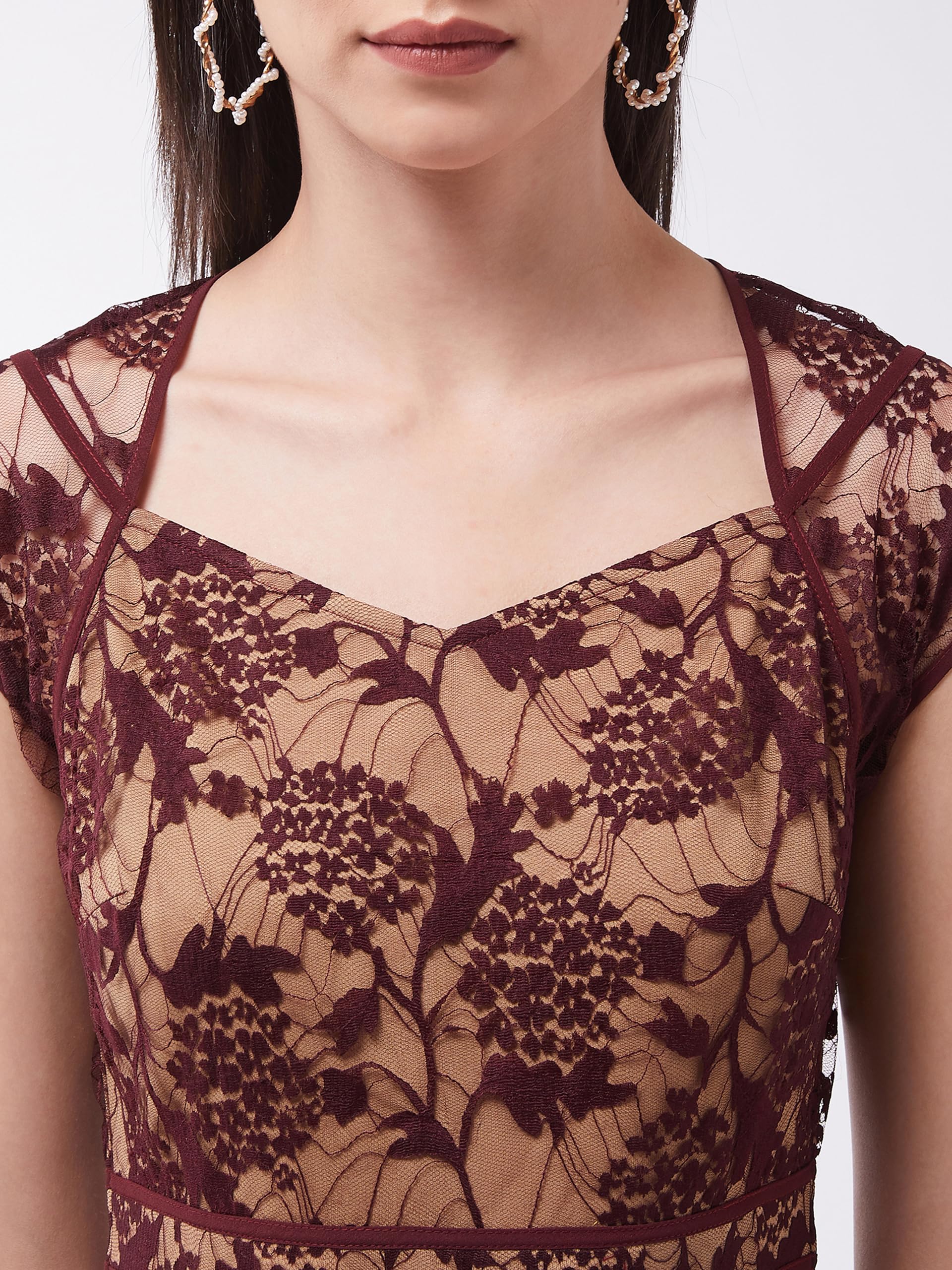 Miss Chase Women's Floral V - Neck Cap Short Sleeves Lace Overlaid Fit & Flare Paneled Maxi Dress (MCSS21D06-11-603-04,Wine & Beige,M) - Image 4