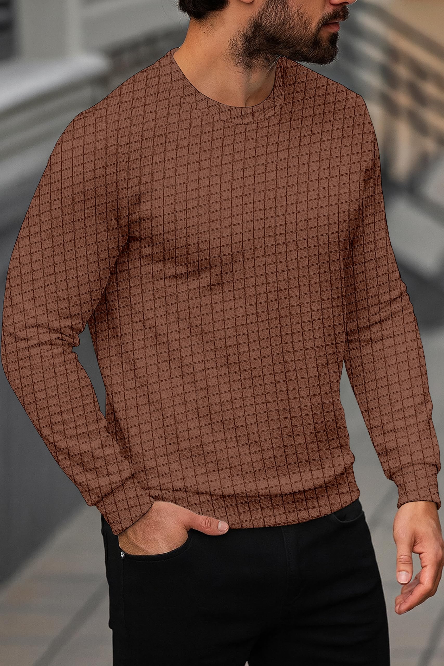 KAJARU Quilted Pattern Long Sleeve Sweatshirt, Round Neck, Men's Casual Pullover, Grey, Black, Beige (in, Alpha, L, Coffee) - Image 7