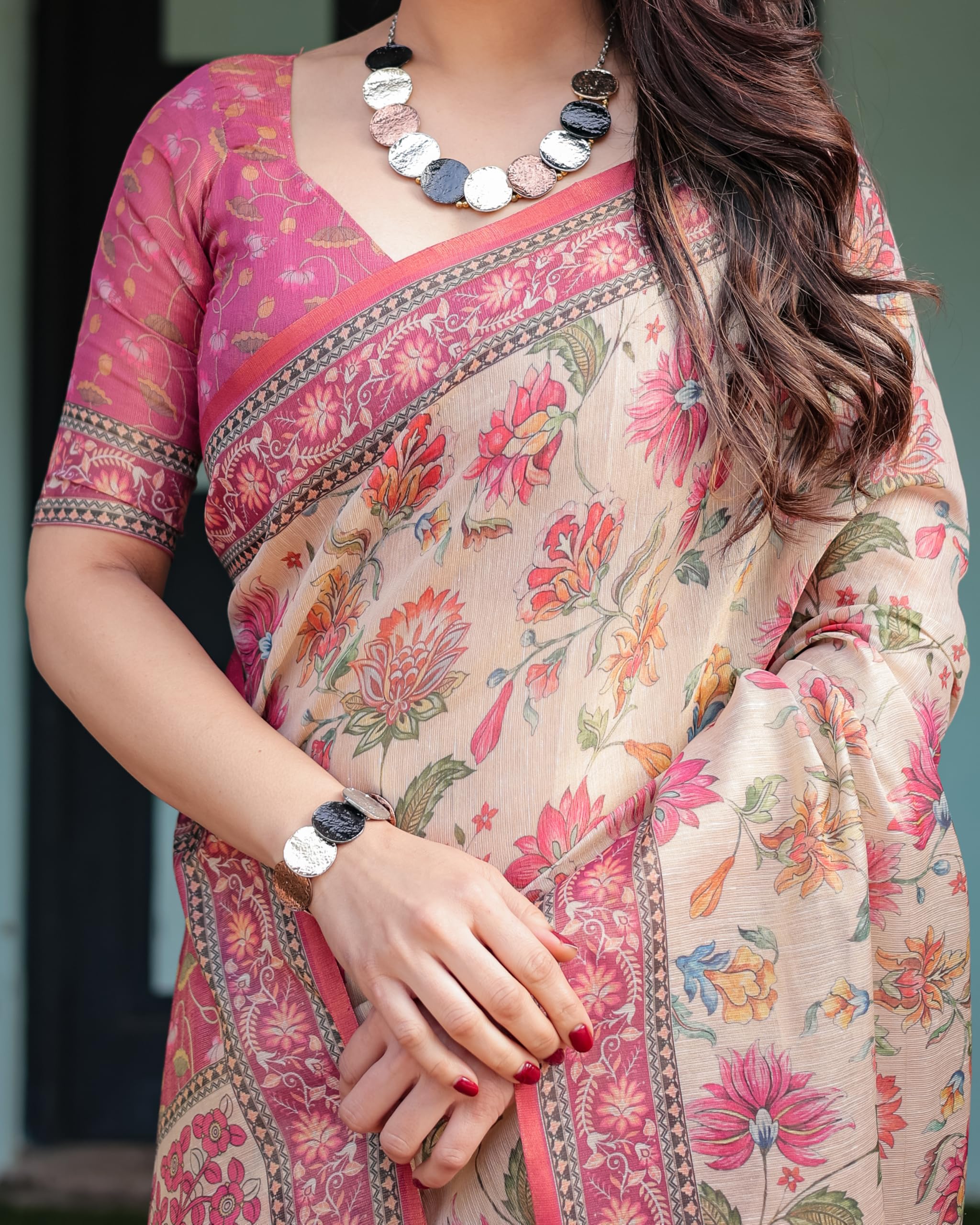 ALMAARI FASHION Traditional Cotton Silk Saree for Women with Floral Print, Pink Border, Tassels and Blouse Piece, Designer Saree, 5.5 Metres Off-White - Image 9