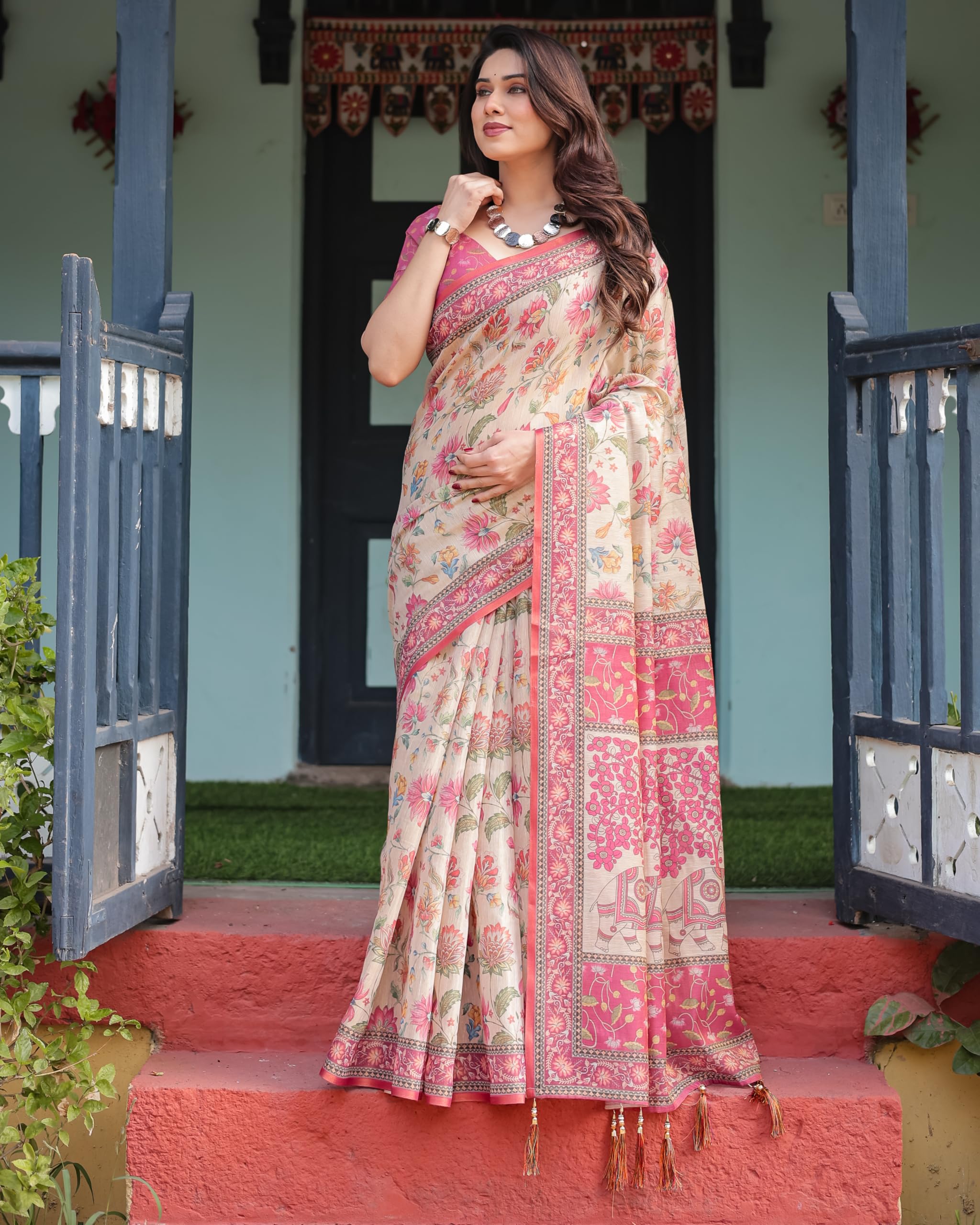 ALMAARI FASHION Traditional Cotton Silk Saree for Women with Floral Print, Pink Border, Tassels and Blouse Piece, Designer Saree, 5.5 Metres Off-White - Image 2