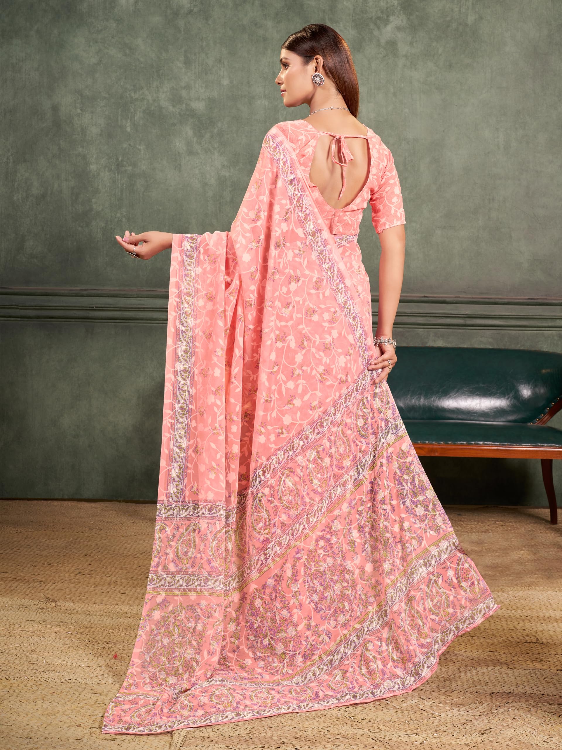 Garden Vareli Women Brasso Floral Print Saree With Unstitched Blouse Piece 62408 - Peach - Image 6