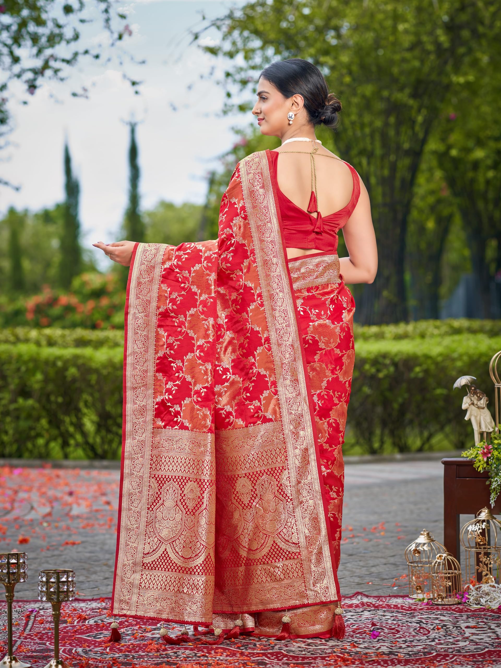 MANOHARI Women's Most Trendy Banarasi Satin Silk Woven Vibrant Red Saree With Heavy Jacquard Work Saree With Blouse Piece_MN2050 - Image 7