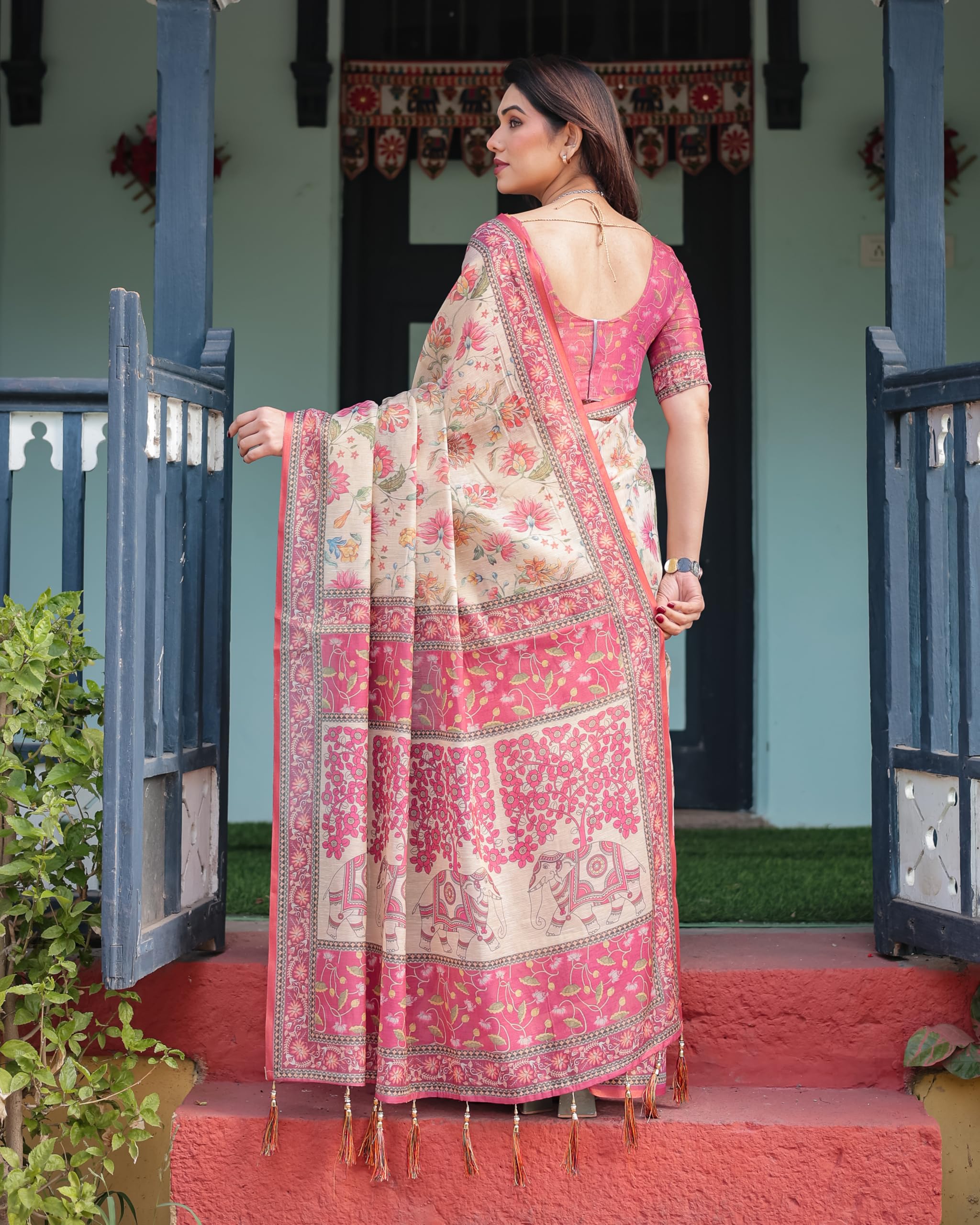 ALMAARI FASHION Traditional Cotton Silk Saree for Women with Floral Print, Pink Border, Tassels and Blouse Piece, Designer Saree, 5.5 Metres Off-White - Image 7