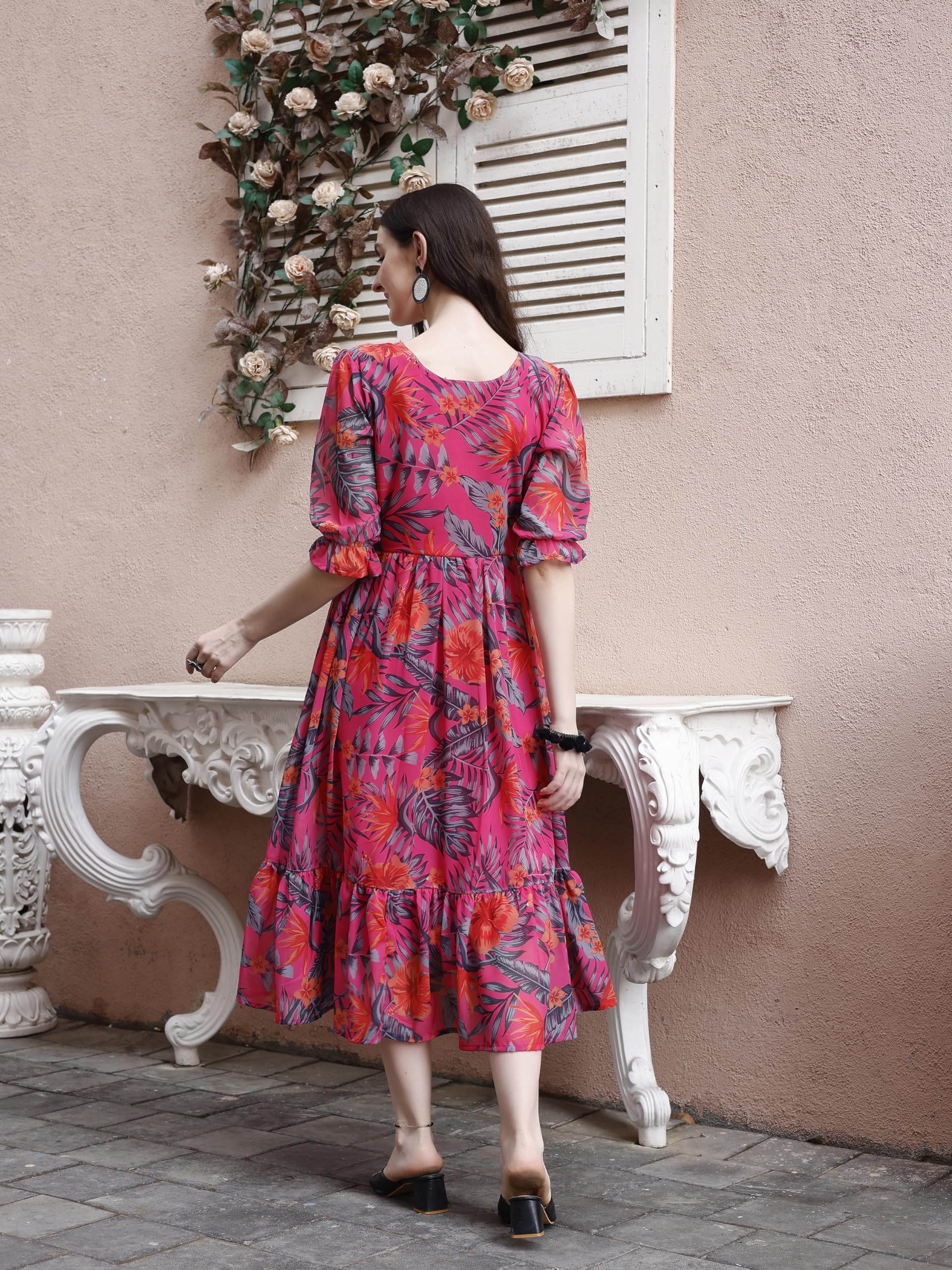 SMOWKLY Women's Georgette Floral Printed Indo-Western Ethnic Gown || Half Sleeve V Neck Fit & Flare Flared Hem Design || Casual Wear A-Line Maxi Dress Pink - Image 8
