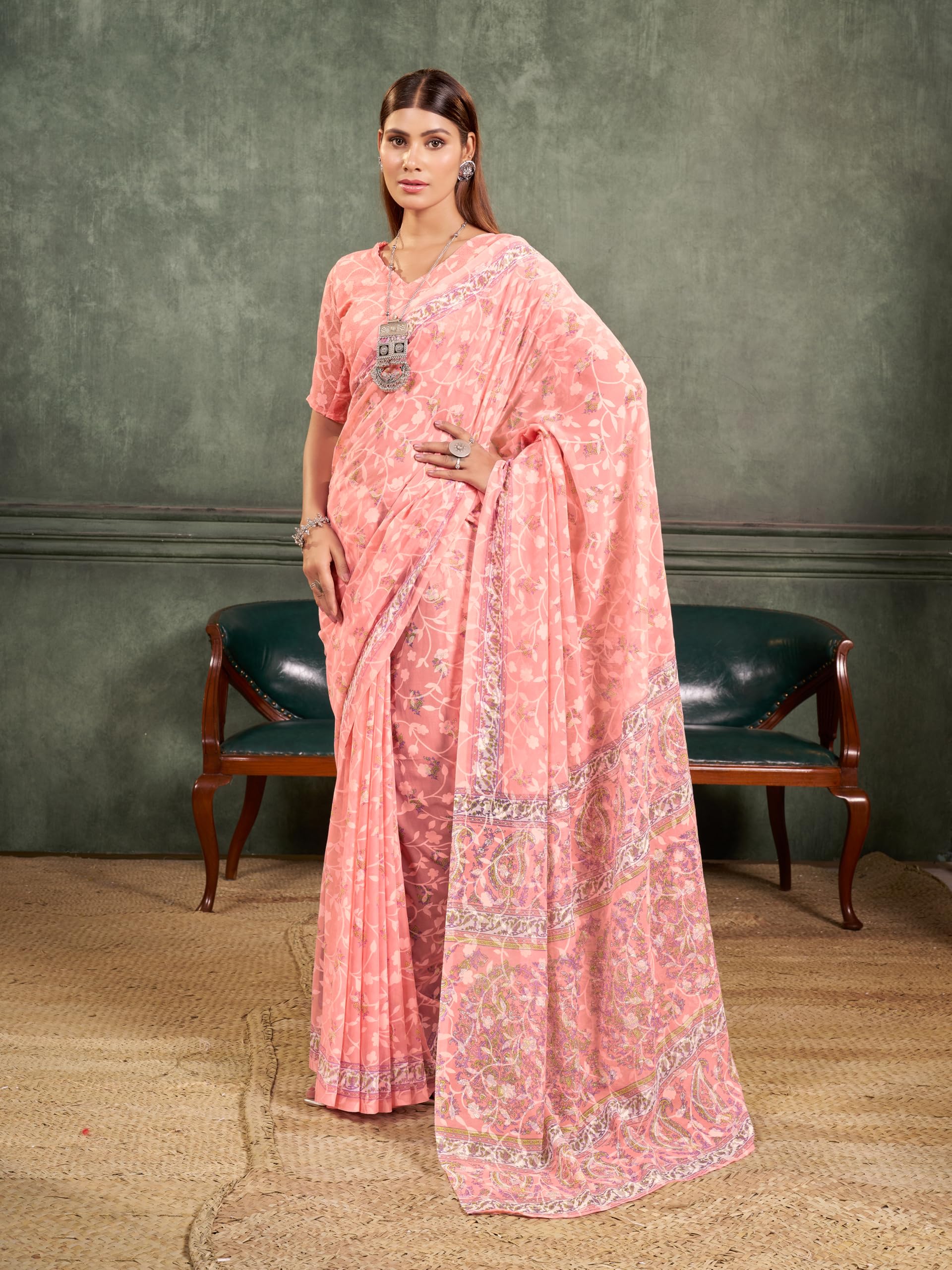 Garden Vareli Women Brasso Floral Print Saree With Unstitched Blouse Piece 62408 - Peach - Image 5