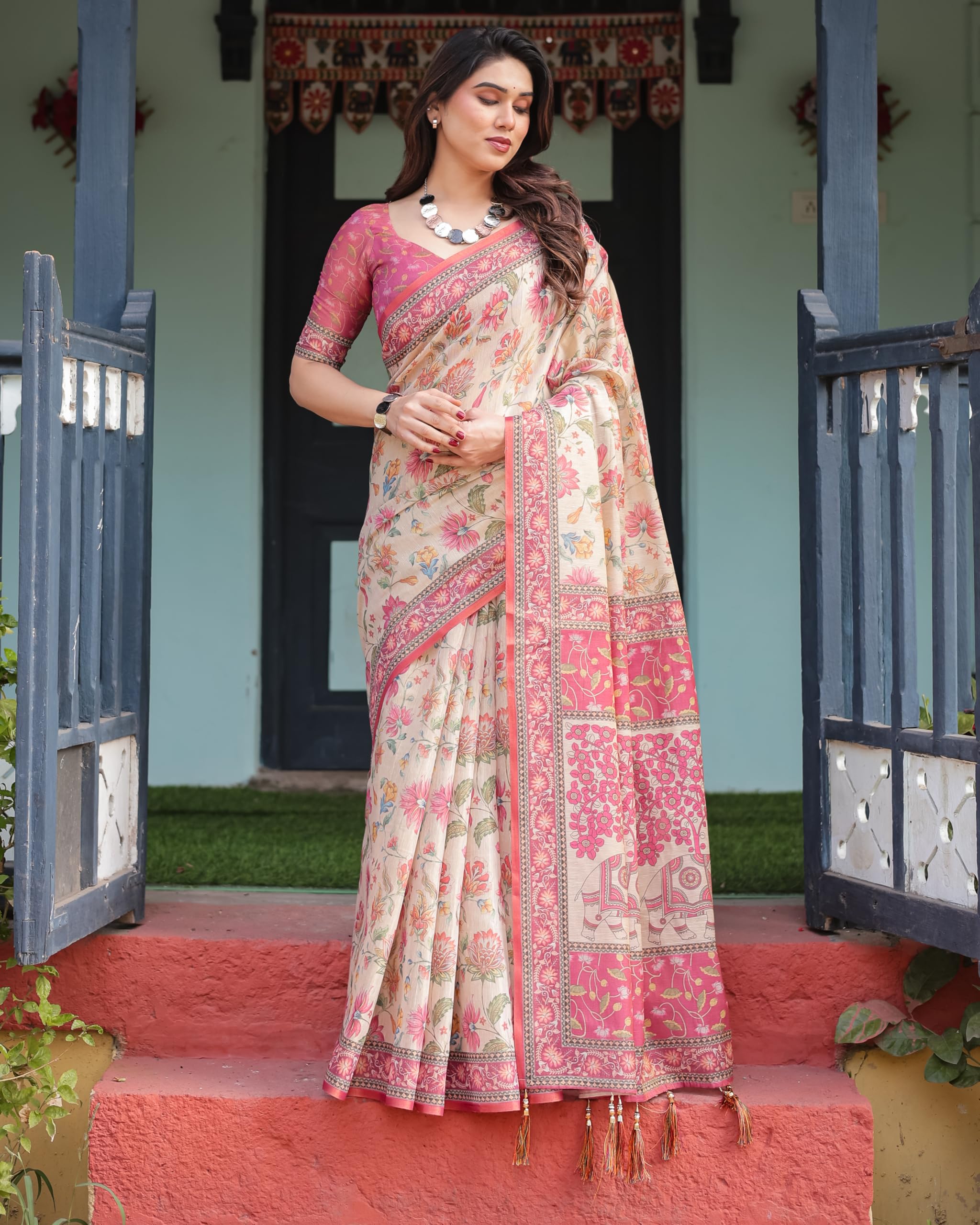 ALMAARI FASHION Traditional Cotton Silk Saree for Women with Floral Print, Pink Border, Tassels and Blouse Piece, Designer Saree, 5.5 Metres Off-White - Image 3