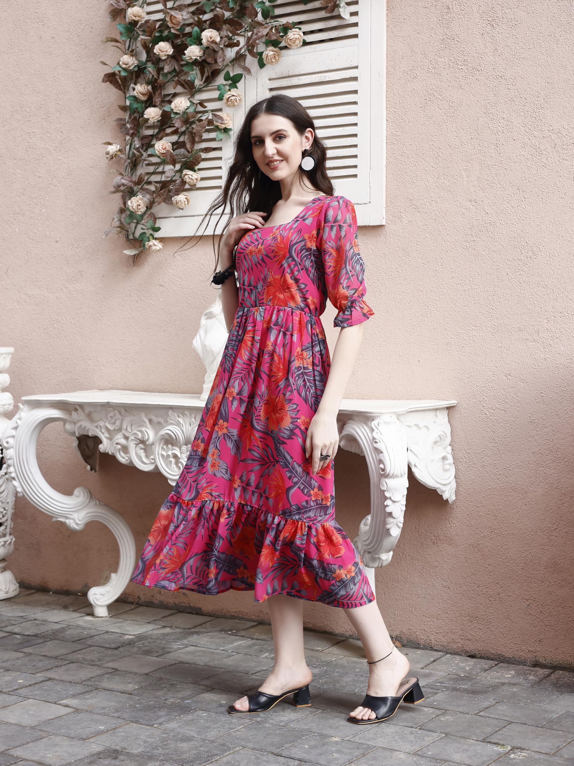 SMOWKLY Women's Georgette Floral Printed Indo-Western Ethnic Gown || Half Sleeve V Neck Fit & Flare Flared Hem Design || Casual Wear A-Line Maxi Dress Pink - Image 9