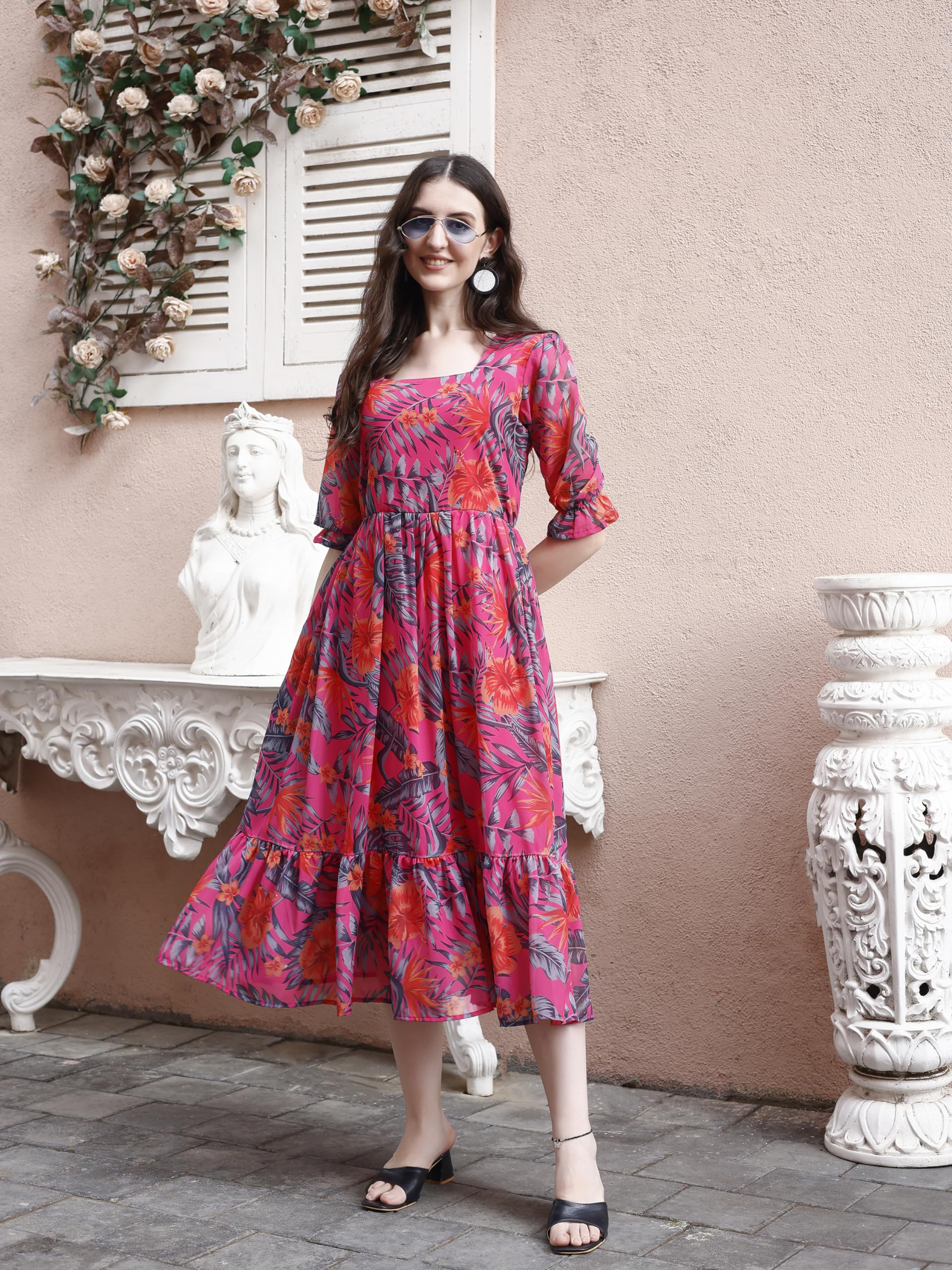 SMOWKLY Women's Georgette Floral Printed Indo-Western Ethnic Gown || Half Sleeve V Neck Fit & Flare Flared Hem Design || Casual Wear A-Line Maxi Dress Pink - Image 4