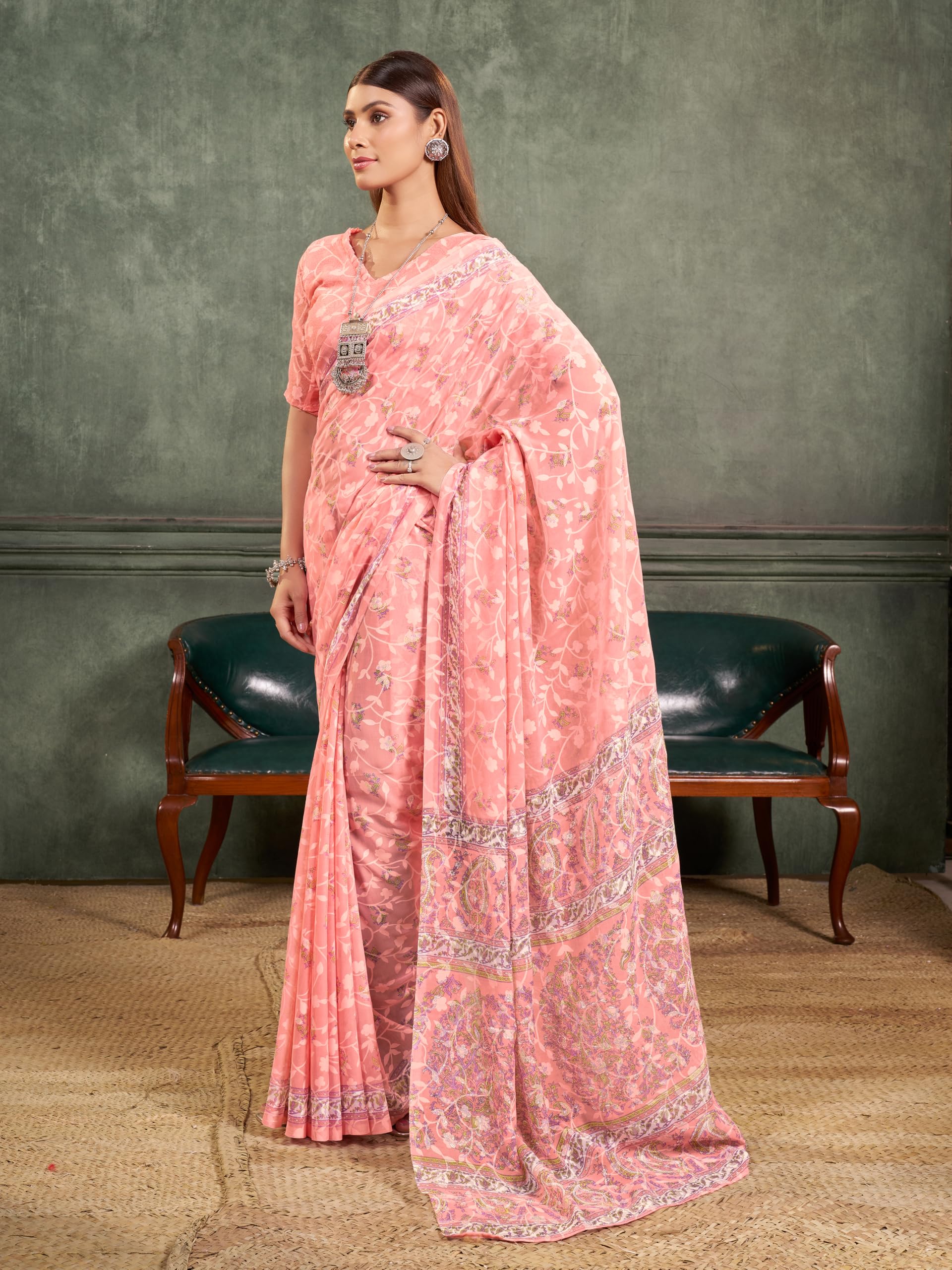 Garden Vareli Women Brasso Floral Print Saree With Unstitched Blouse Piece 62408 - Peach - Image 7
