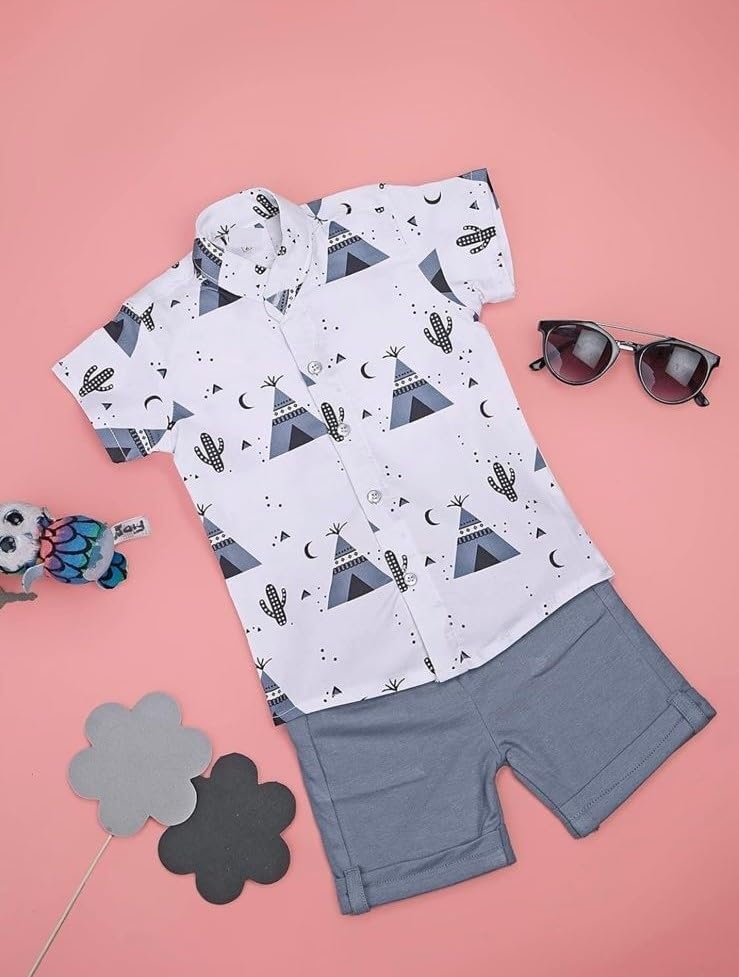 Vikita Enterprise dimension Kids Boy's Printed Cotton Blend,Hosiery Short Sleeve Regular Wear Shirt & Shorts Set (V_E_1019 White&Blue 3-4 Year) - Image 4