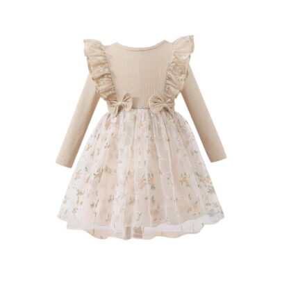 Tagas Girls' Dress|Elegant Beige Baby Girl Dress with Lace Ruffles & Floral Embroidery – Long Sleeve Princess Birthday Party Dress | Comfortable & Stylish Kids Wear| PartFrock for Kids |