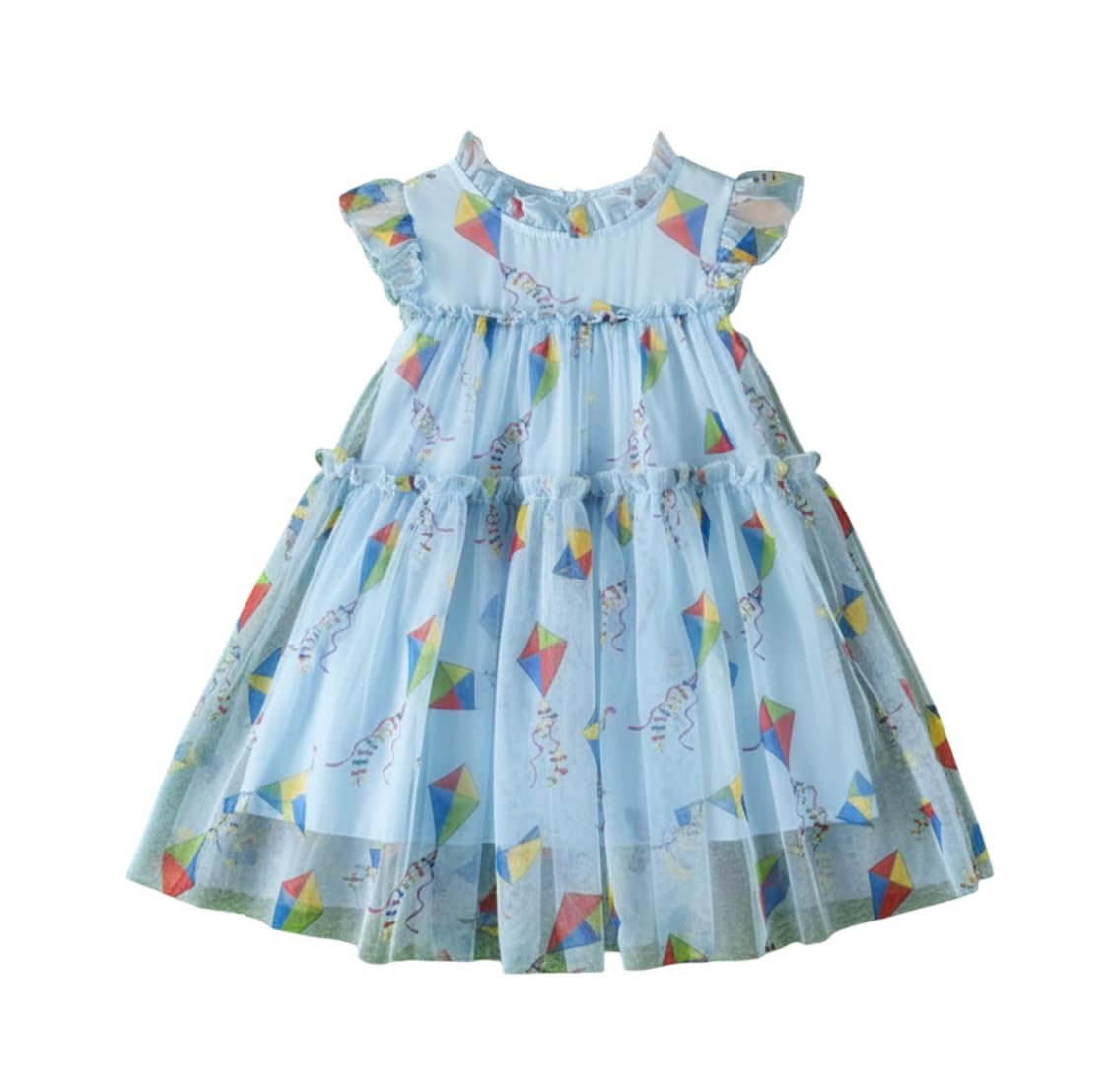 Baby Girls Party Dress – Sky Blue Tulle Frock with Colorful Kite Print | Soft Cotton Inner Lining | Birthday, Festive & Summer Wear Outfit