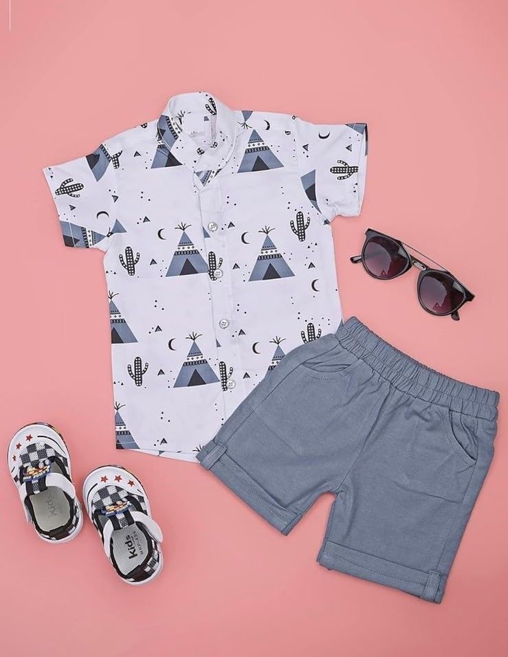 Vikita Enterprise dimension Kids Boy's Printed Cotton Blend,Hosiery Short Sleeve Regular Wear Shirt & Shorts Set (V_E_1019 White&Blue 3-4 Year) - Image 6
