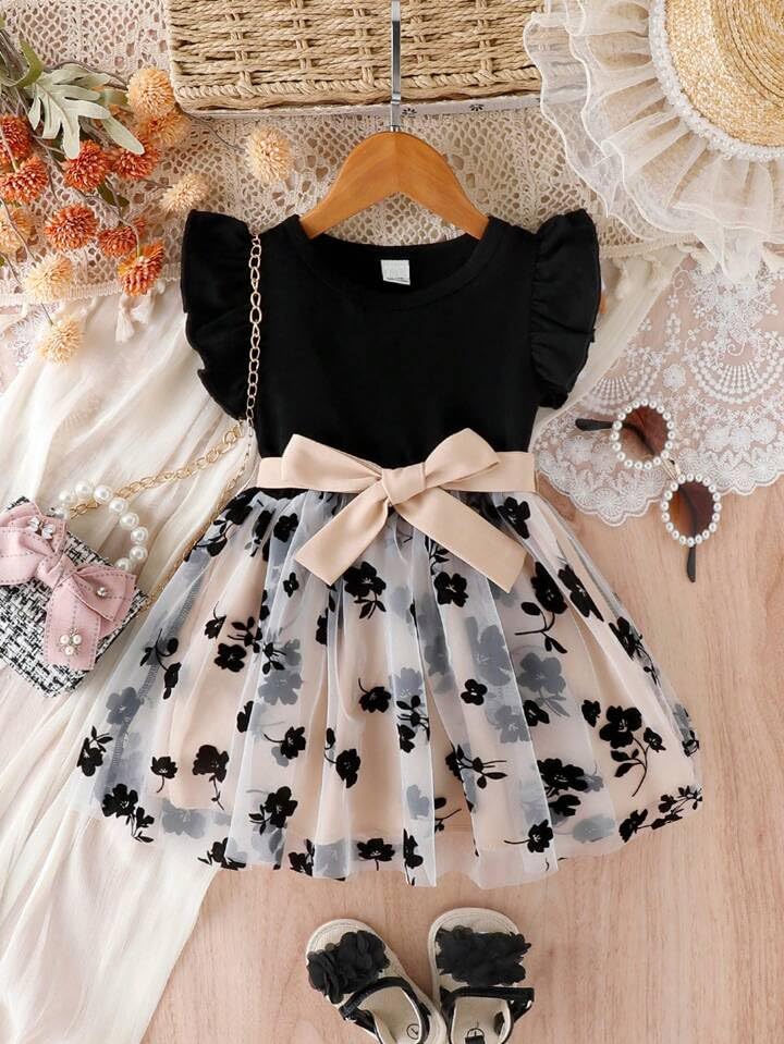 TAGAS Toddler Girls Floral Print A-line Dress for Girls | Frock for Girl |Dresses birthdaydress for Babygirls| Cream - Image 7