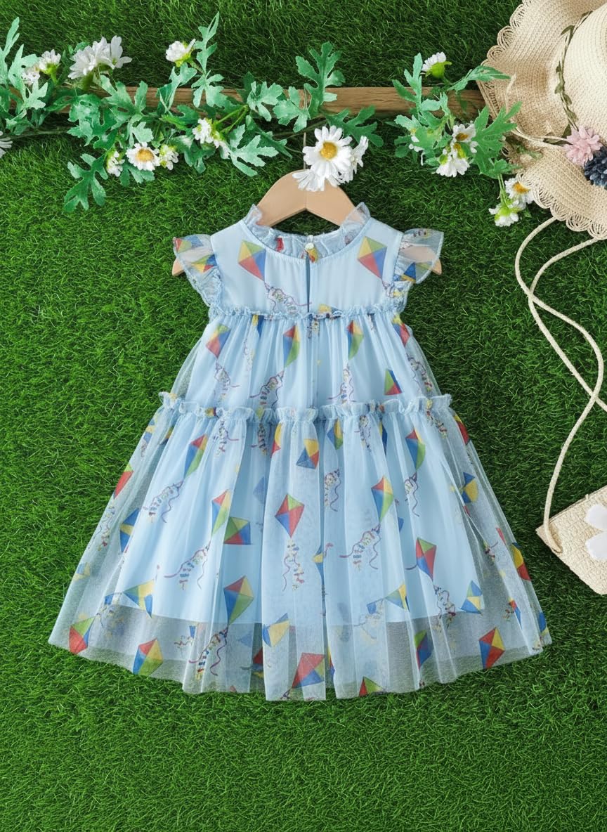 Baby Girls Party Dress – Sky Blue Tulle Frock with Colorful Kite Print | Soft Cotton Inner Lining | Birthday, Festive & Summer Wear Outfit - Image 5