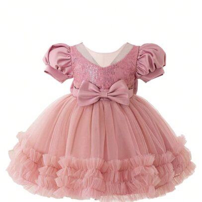 Niren Enterprise Rollar Frock net Embroidery Work Ruffle Patterned Flared Short Sleeve Baby Girl Frock, Pack of 1 (ROLLAR Frock, 1-2Y) Orange