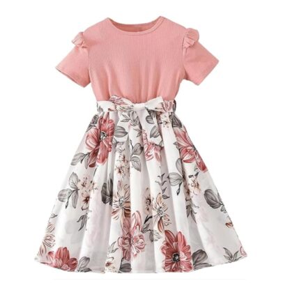 Niren Enterprise Baby Girl Dresses, Modal Fabric Frocks with Floral Print & Top with Short Flutter Sleeve for Birthday and Special Occassions, Fancy Dress for Kids (Love Bird Frock, 3-4 Years) Peach
