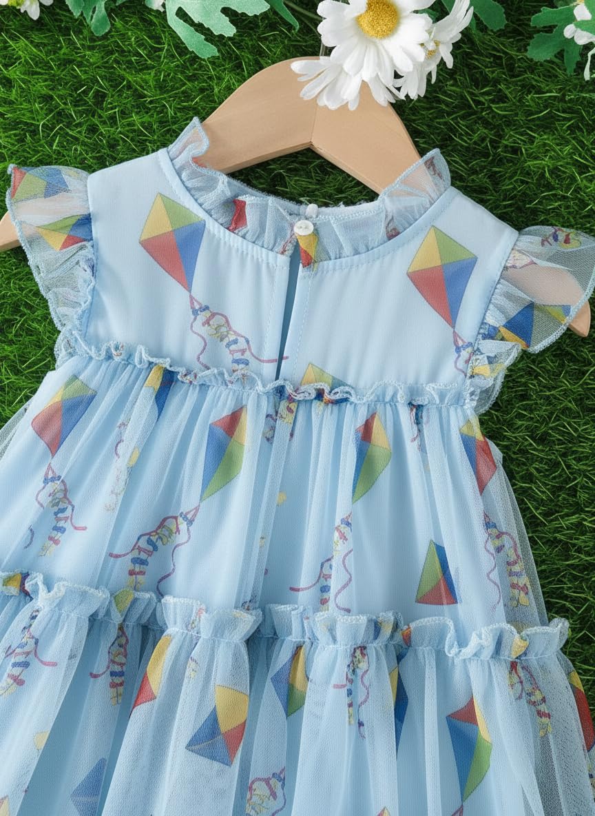 Baby Girls Party Dress – Sky Blue Tulle Frock with Colorful Kite Print | Soft Cotton Inner Lining | Birthday, Festive & Summer Wear Outfit - Image 4