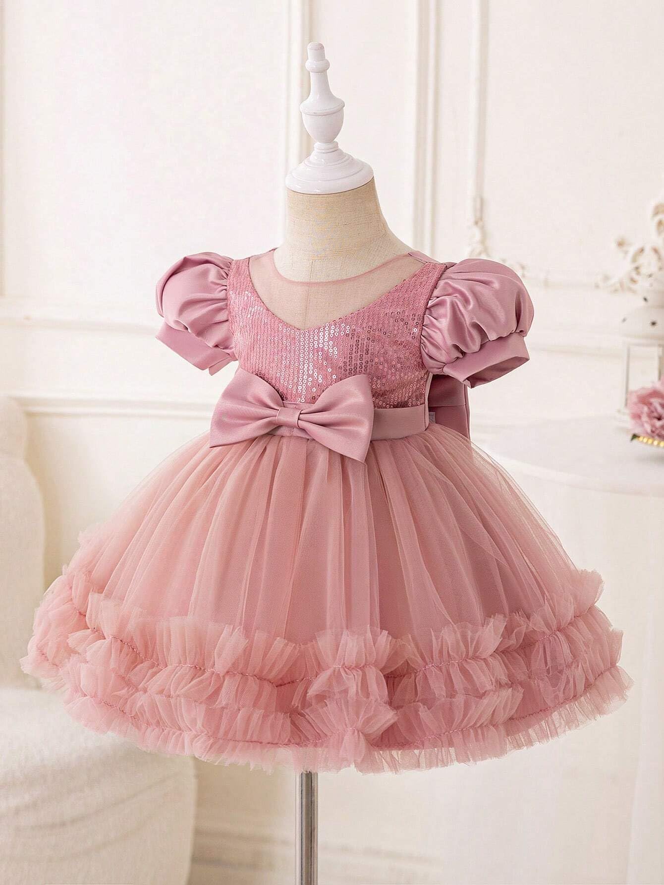 Niren Enterprise Rollar Frock net Embroidery Work Ruffle Patterned Flared Short Sleeve Baby Girl Frock, Pack of 1 (ROLLAR Frock, 1-2Y) Orange - Image 6