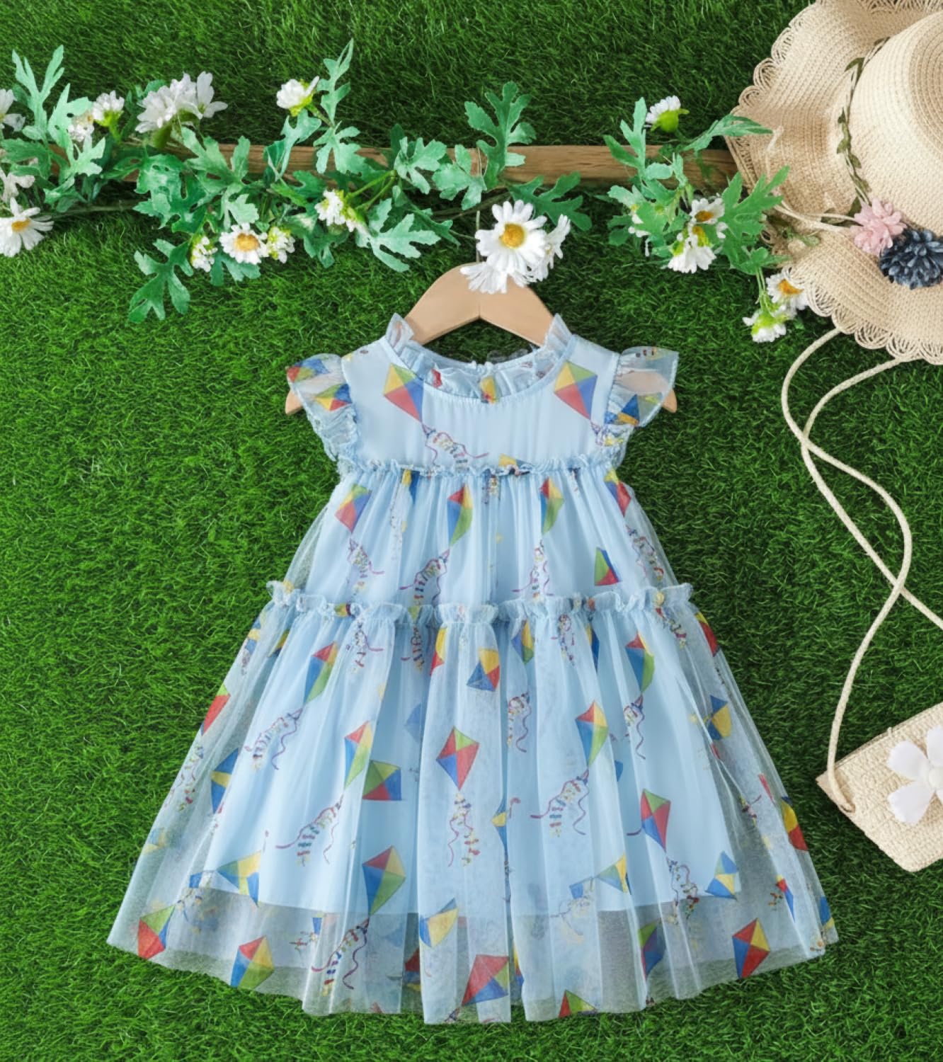 Baby Girls Party Dress – Sky Blue Tulle Frock with Colorful Kite Print | Soft Cotton Inner Lining | Birthday, Festive & Summer Wear Outfit - Image 6