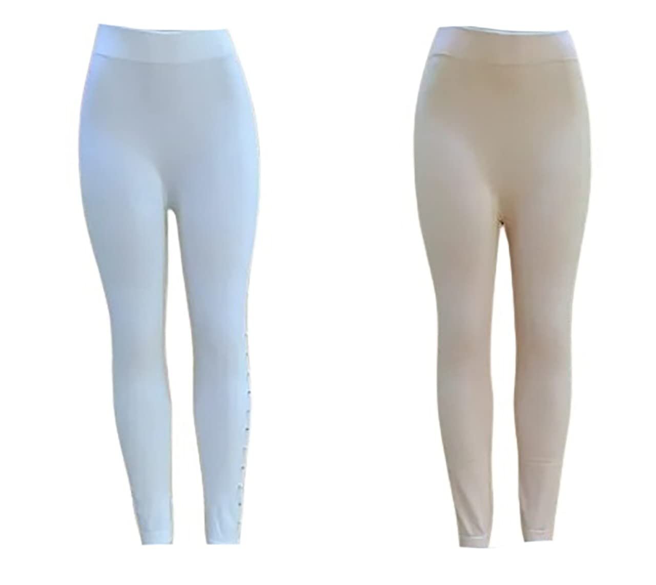AV Enterprise Women Cotton Leggings (Medium_White&Beige) Pack of 2