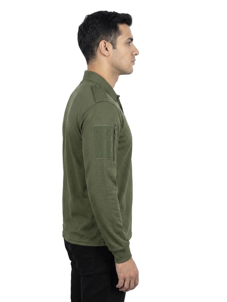 Military Inspired Tactical Polo T-Shirt for Men | Olive Green Full Sleeve Cotton Blend Army Style Outdoor Training Tee with Utility Pocket (in, Numeric, 42, Regular) - Image 3