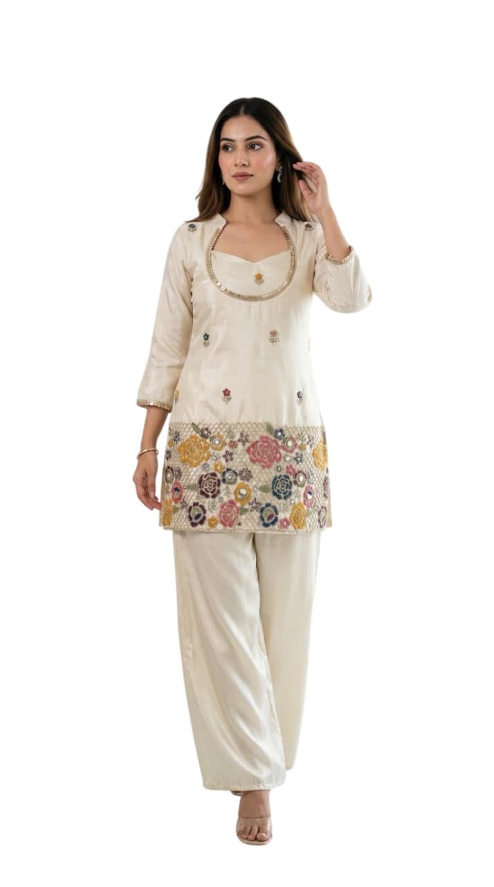 F2G Fashion Women's Silk Blend Embroidered Short Kurti with Wide-Leg Palazzo Pant Set | Ethnic Co-Ord Set for Festive, Party (Off-White/Cream) (in, Alpha, Regular, Off-White)