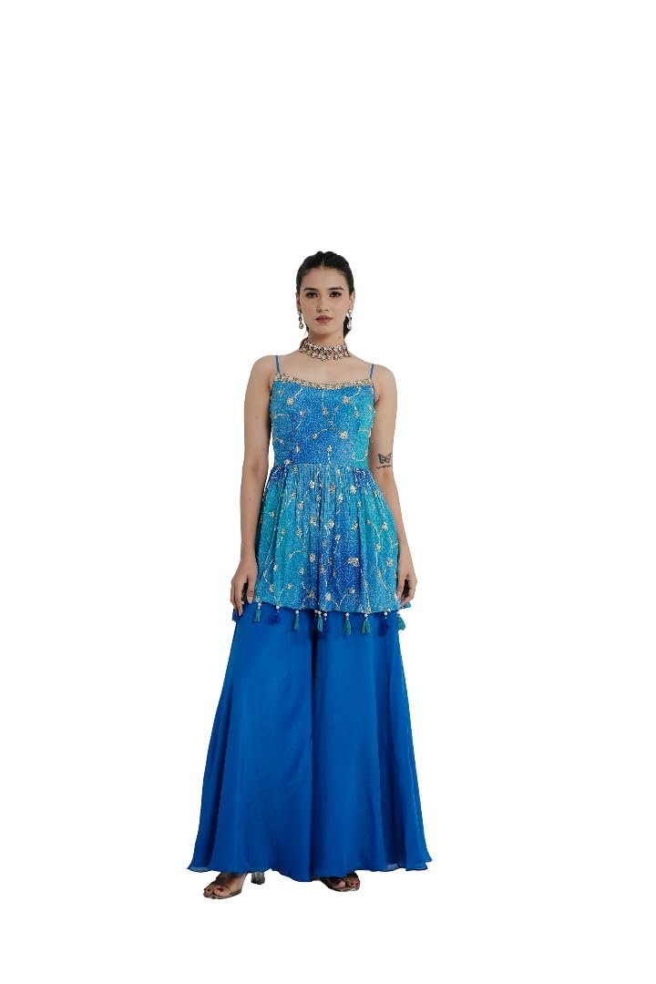 Designer Blue Palazzo Set with Embellished Short Kurti, Tassel Details, Sleeveless Top with Flared Pants (IN, Alpha, 2XL, Regular, Blue)