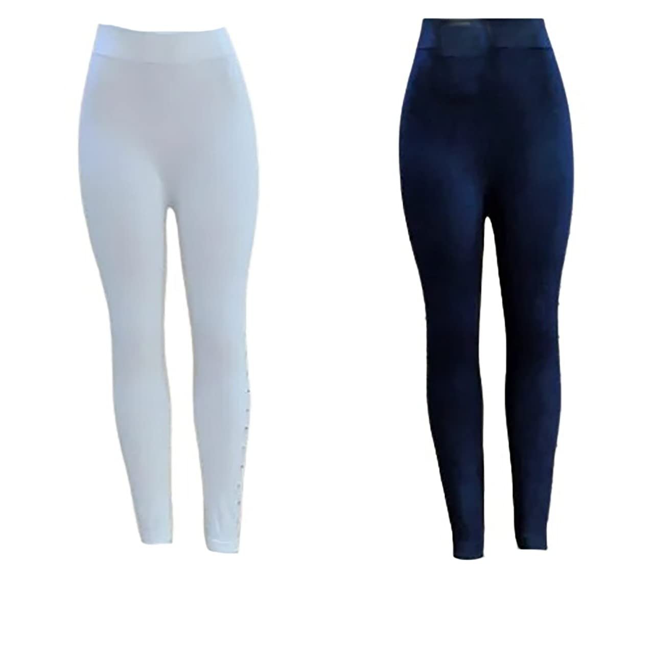 AV Enterprise Women Cotton Leggings (Medium_White&Navy Blue) Pack of 2