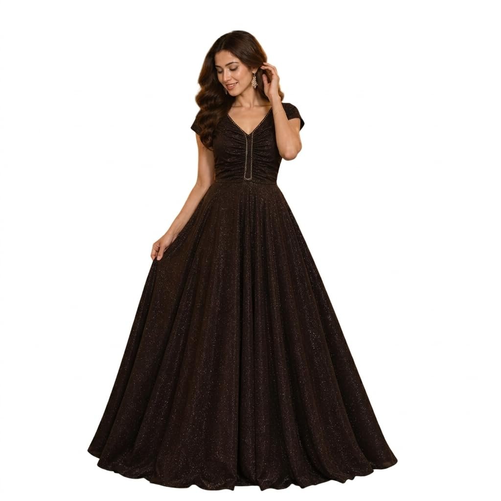 Women's Sparkly Sequin Evening Gown - V-Neck, Sleeveless, A-Line Long Maxi Dress with Short Sleeves for Receptions, Weddings & Parties (Brown)