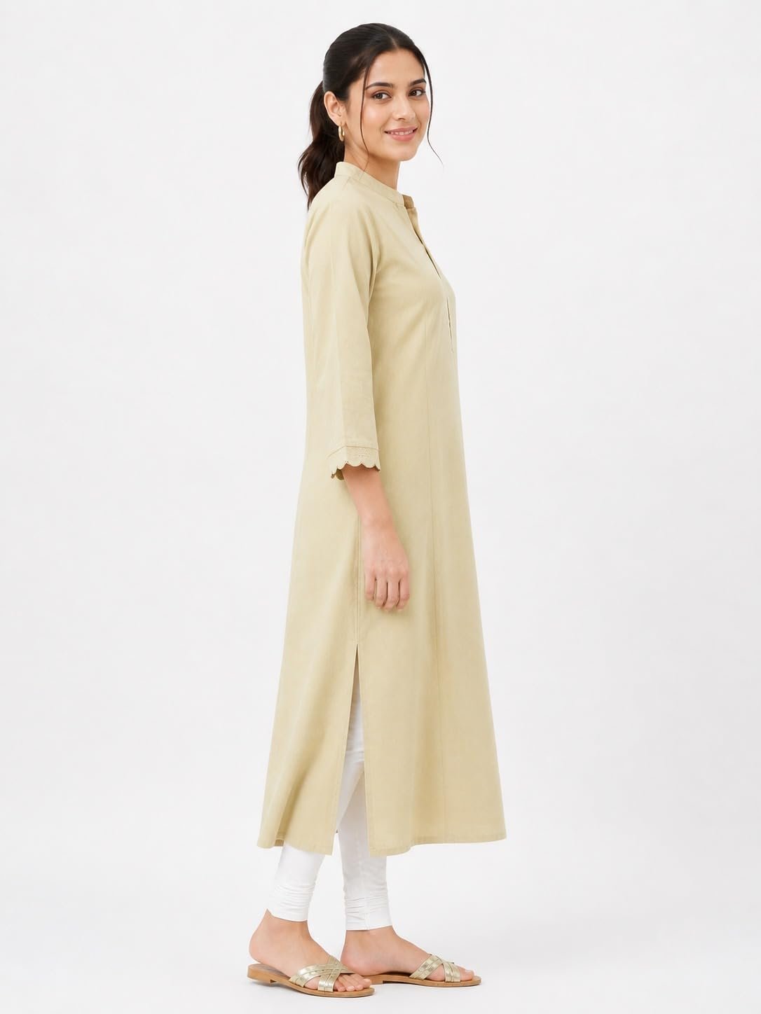 Women's Plain Kurti, Mustard Yellow, A-Line Silhouette, Mandarin Collar, 3/4 Sleeves, Ethnic Comfort Wear (in, Alpha, CREAM-04) - Image 2