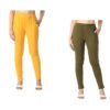 Womens Solid Side Pocket Soft Cotton Stretchable Leggings (Pack of 2) Yellow,Mehndi