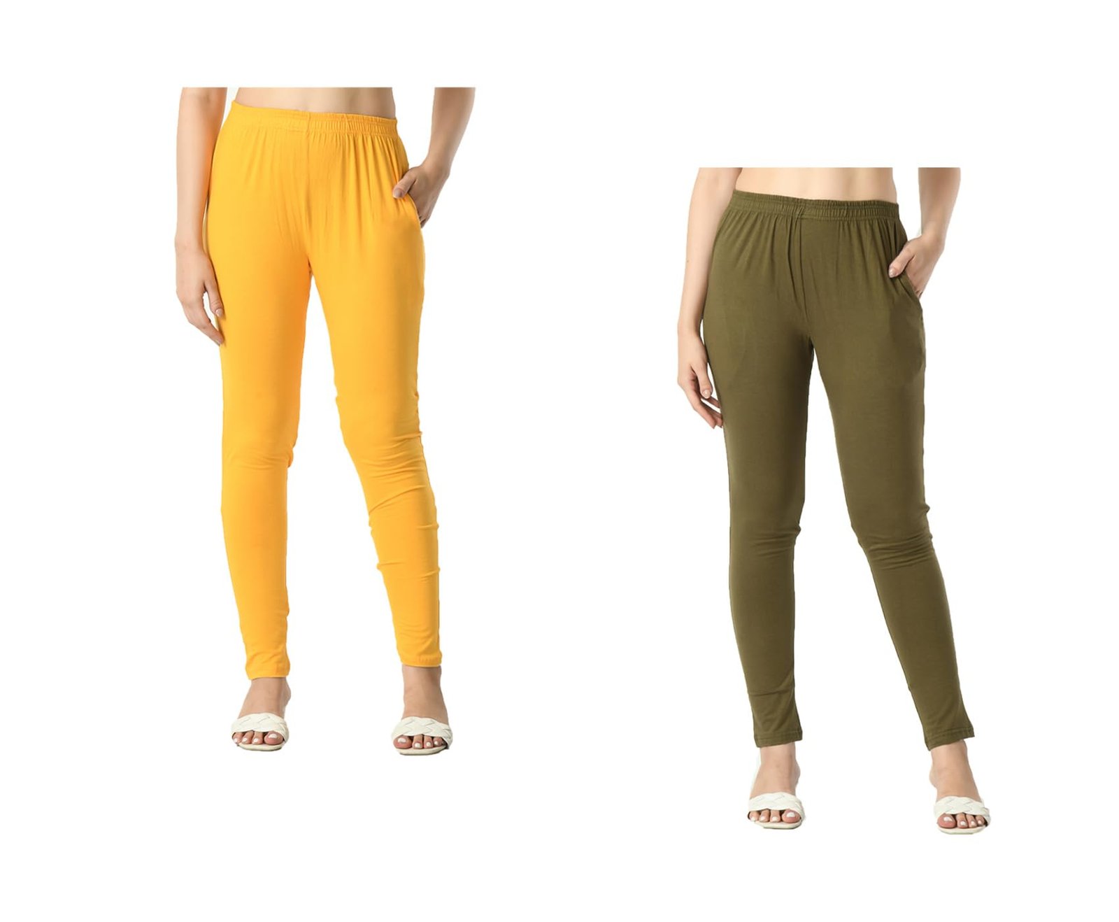 Womens Solid Side Pocket Soft Cotton Stretchable Leggings (Pack of 2) Yellow,Mehndi