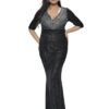 Khyati Women's Black Sequin Bodycon Gown, V-Neck, 3/4 Sleeve, Glitter Cocktail Dress, 1XL
