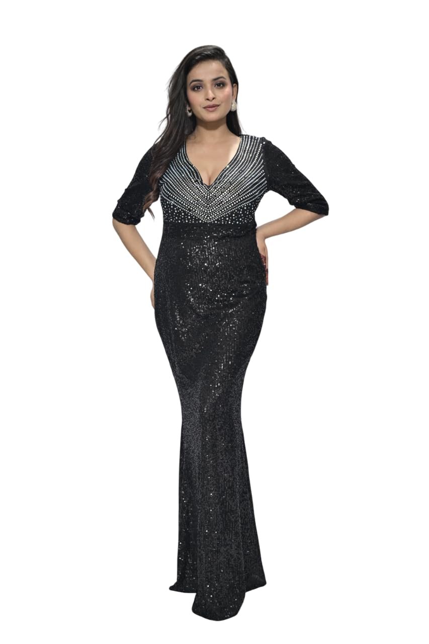 Khyati Women's Black Sequin Bodycon Gown, V-Neck, 3/4 Sleeve, Glitter Cocktail Dress, 1XL