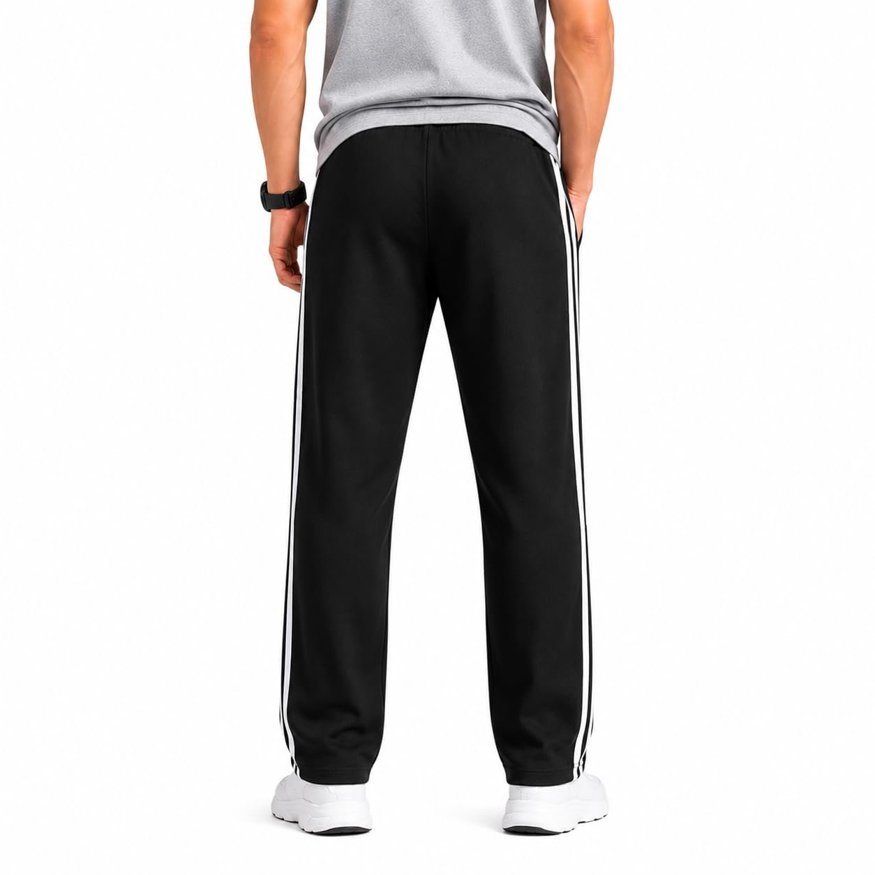 Men's Black Track Pants with White Side Stripes, Drawstring - Image 2