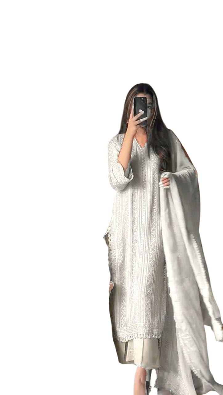 Women's Chinon Silk with Cotton Thread Embroidery Straight Kurti With Pant and Dupatta set (White)