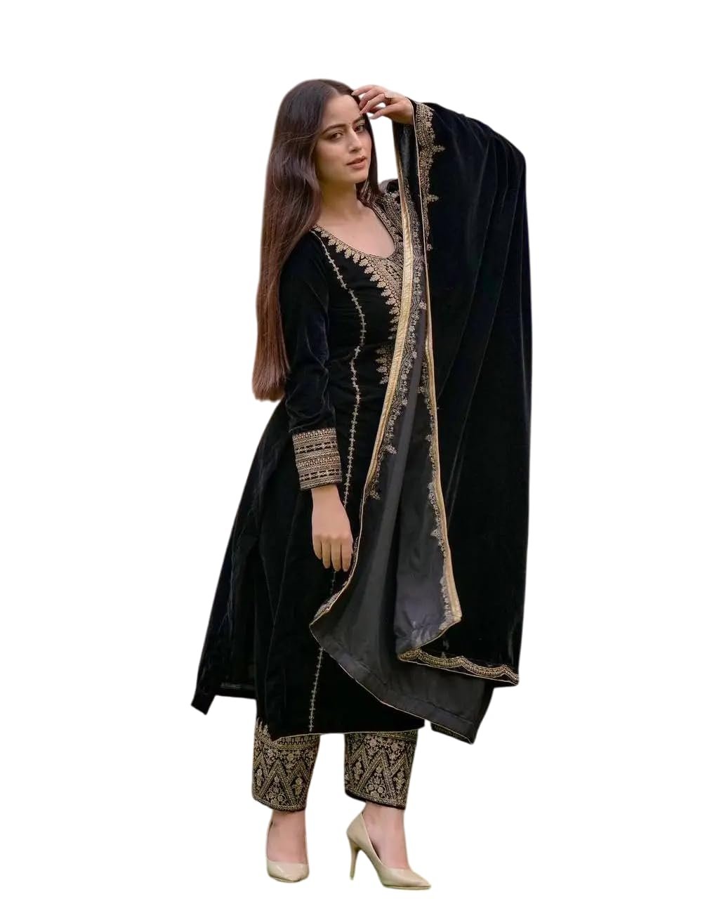Vlms enterprises Women's Viscose Velvet Embroidery and Sequence Work Straight Kurti with Pant & Dupatta Set (Black)